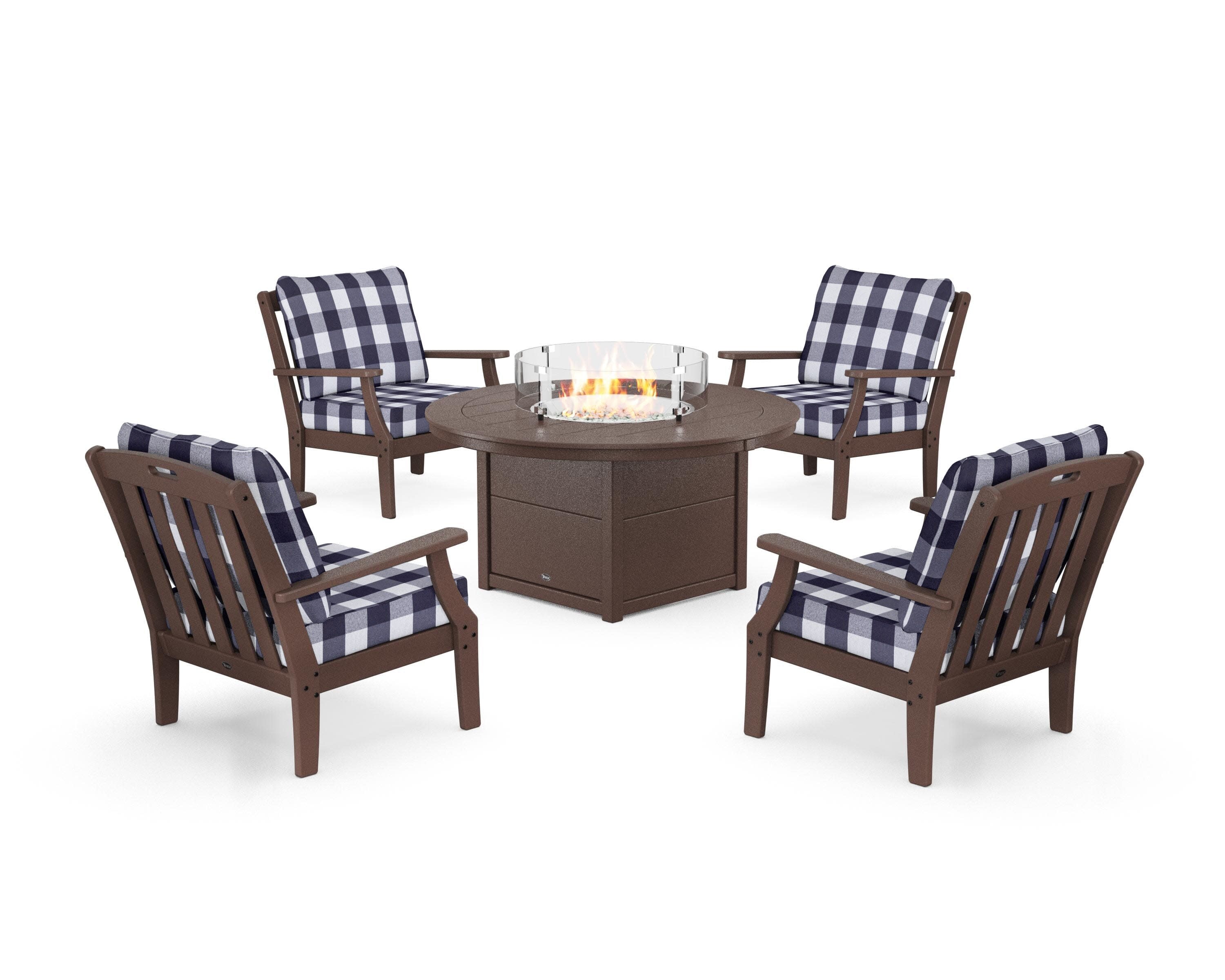 Yacht Club 5-Piece Deep Seating Set with Round Fire Pit Table in Vintage Lantern / Buffalo Plaid Navy