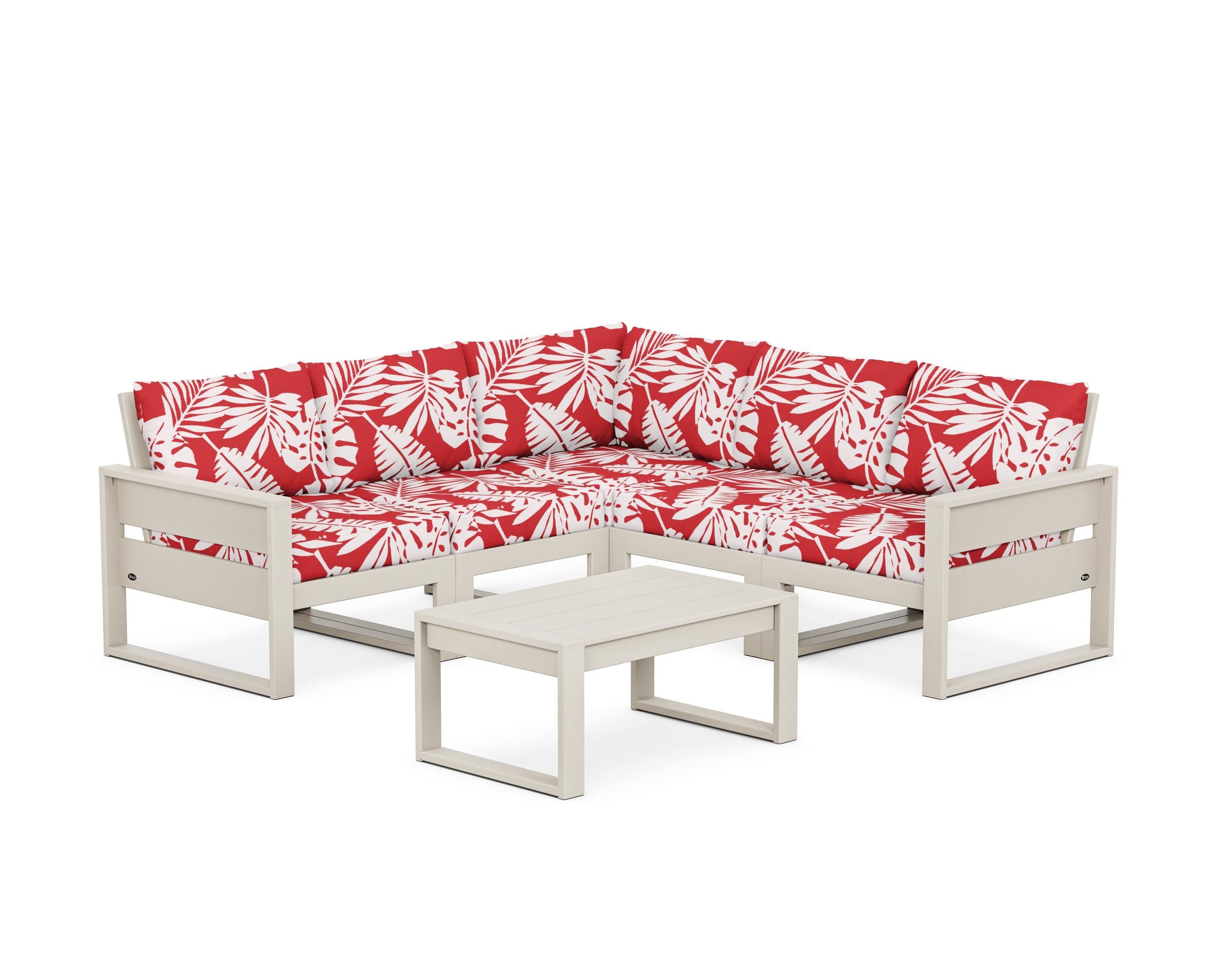 Eastport 6-Piece Deep Seating Sectional + Coffee Table Set in Sand Castle / Leaf Crimson
