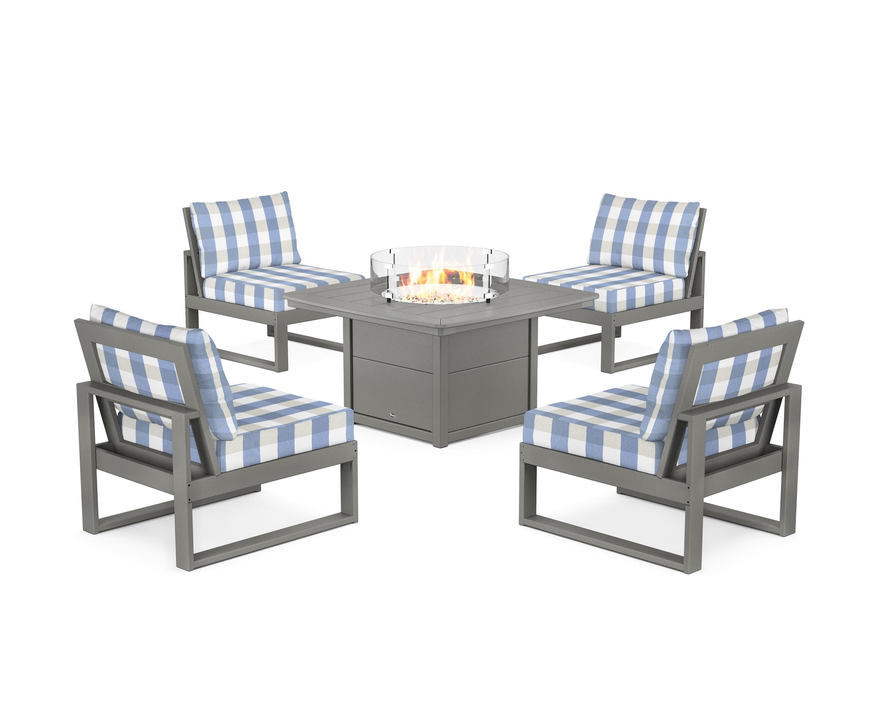 Eastport Modular 5-Piece Deep Seating Set with Yacht Club Fire Pit Table in Stepping Stone / Buffalo Plaid Sky Blue