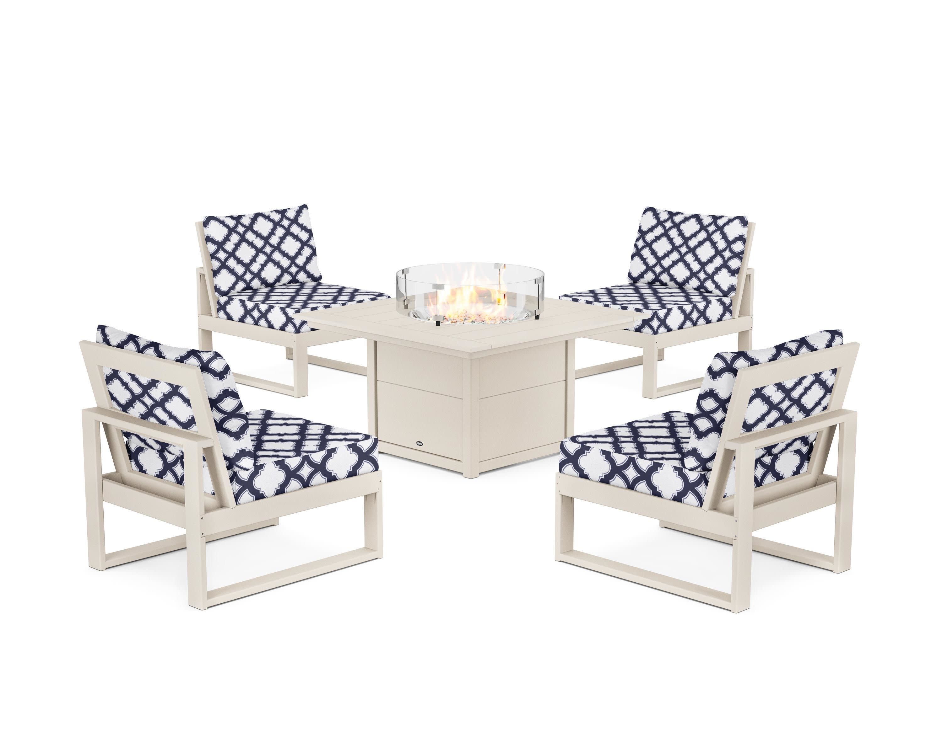 Eastport Modular 5-Piece Deep Seating Set with Square Fire Pit Table in Sand Castle / Trellis Navy