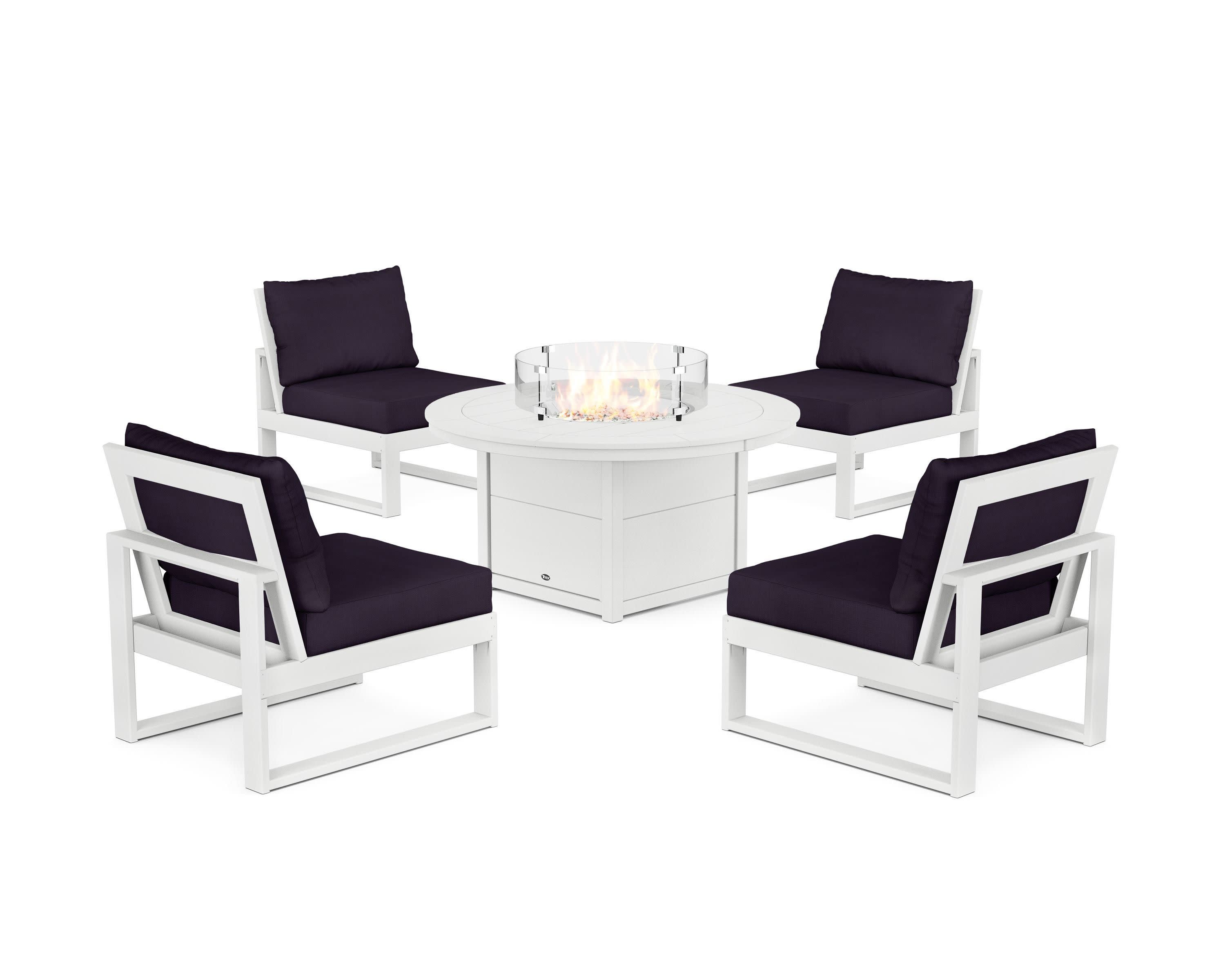 Eastport Modular 5-Piece Deep Seating Set with Round Fire Pit Table in Classic White / Navy Linen