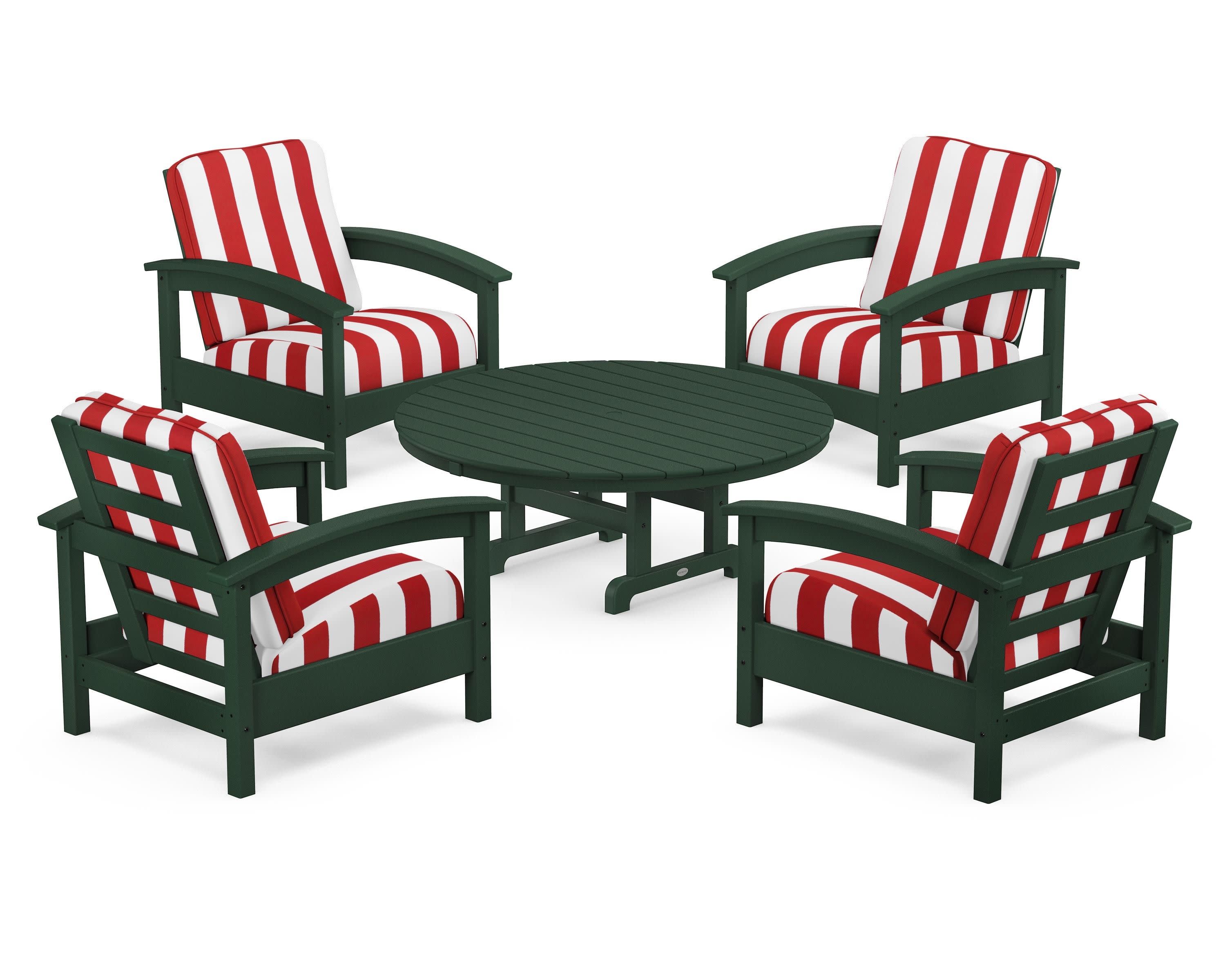 Rockport 5-Piece Deep Seating Set in Rainforest Canopy / Cabana Stripe Crimson