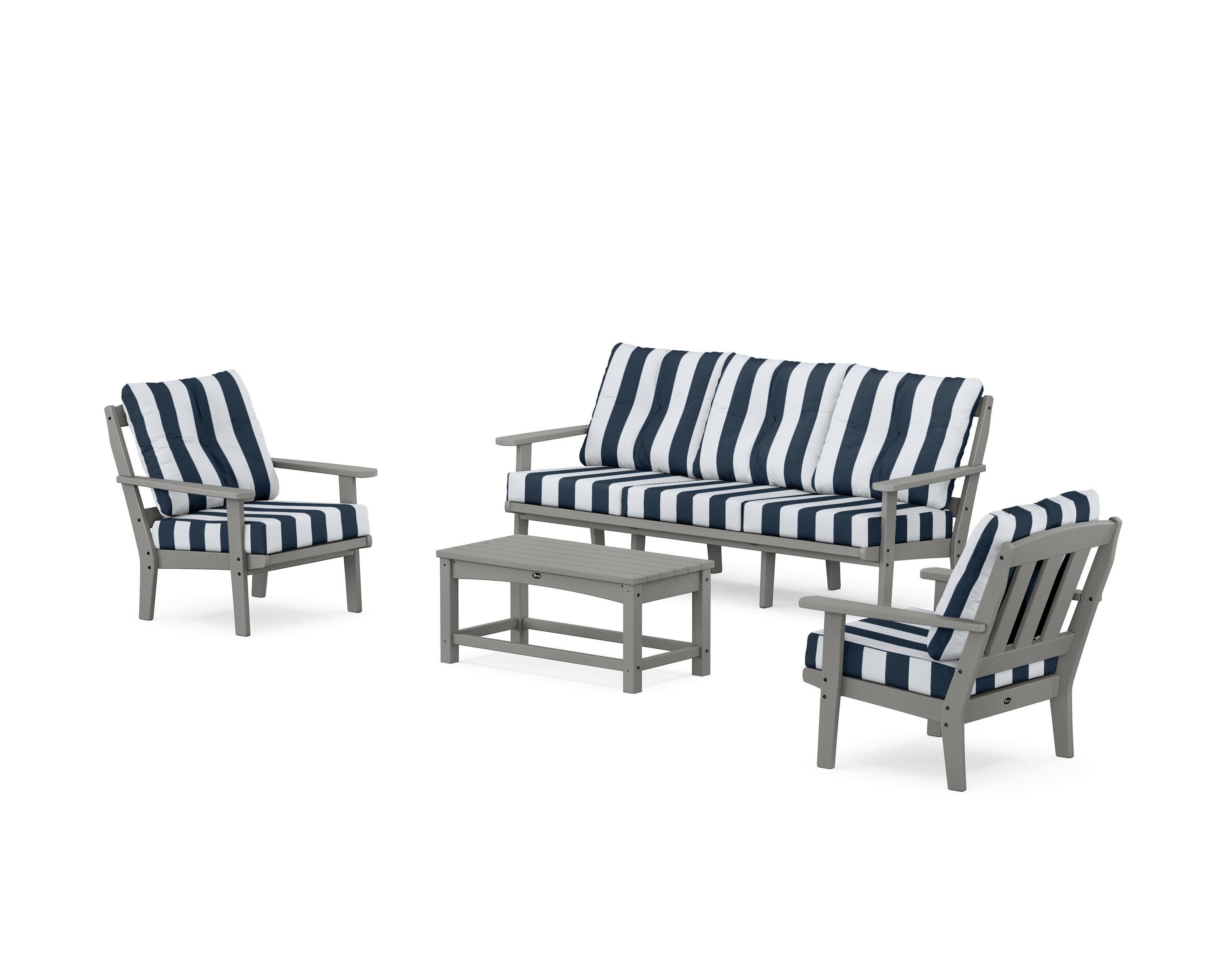 Cape Cod 4-Piece Deep Seating Set with Sofa in Stepping Stone / Cabana Stripe Marine Indigo