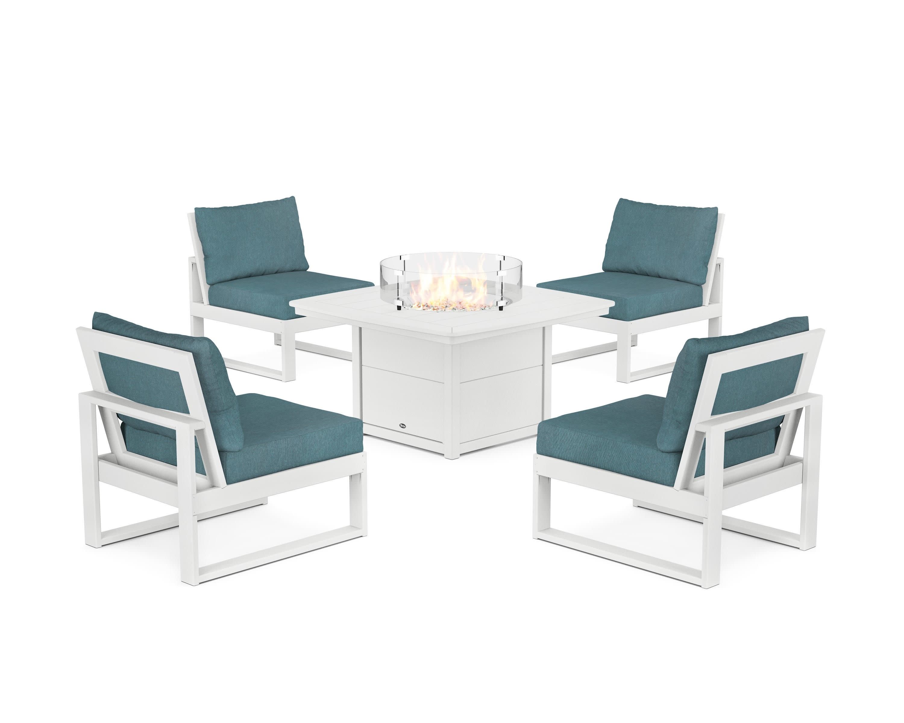 Eastport Modular 5-Piece Deep Seating Set with Yacht Club Fire Pit Table in Classic White / Ocean Teal