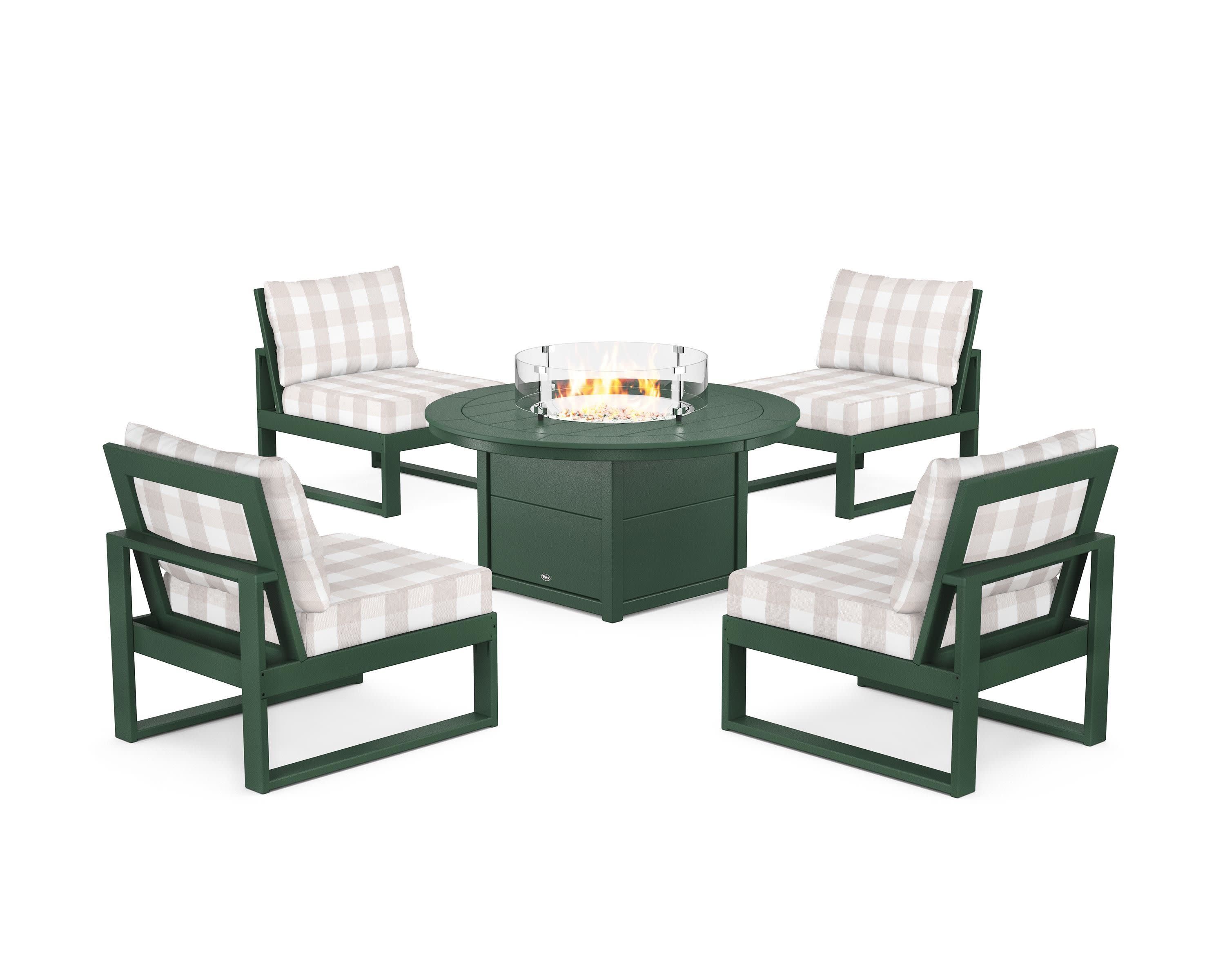 Eastport Modular 5-Piece Deep Seating Set with Round Fire Pit Table in Rainforest Canopy / Buffalo Plaid Dune Burlap