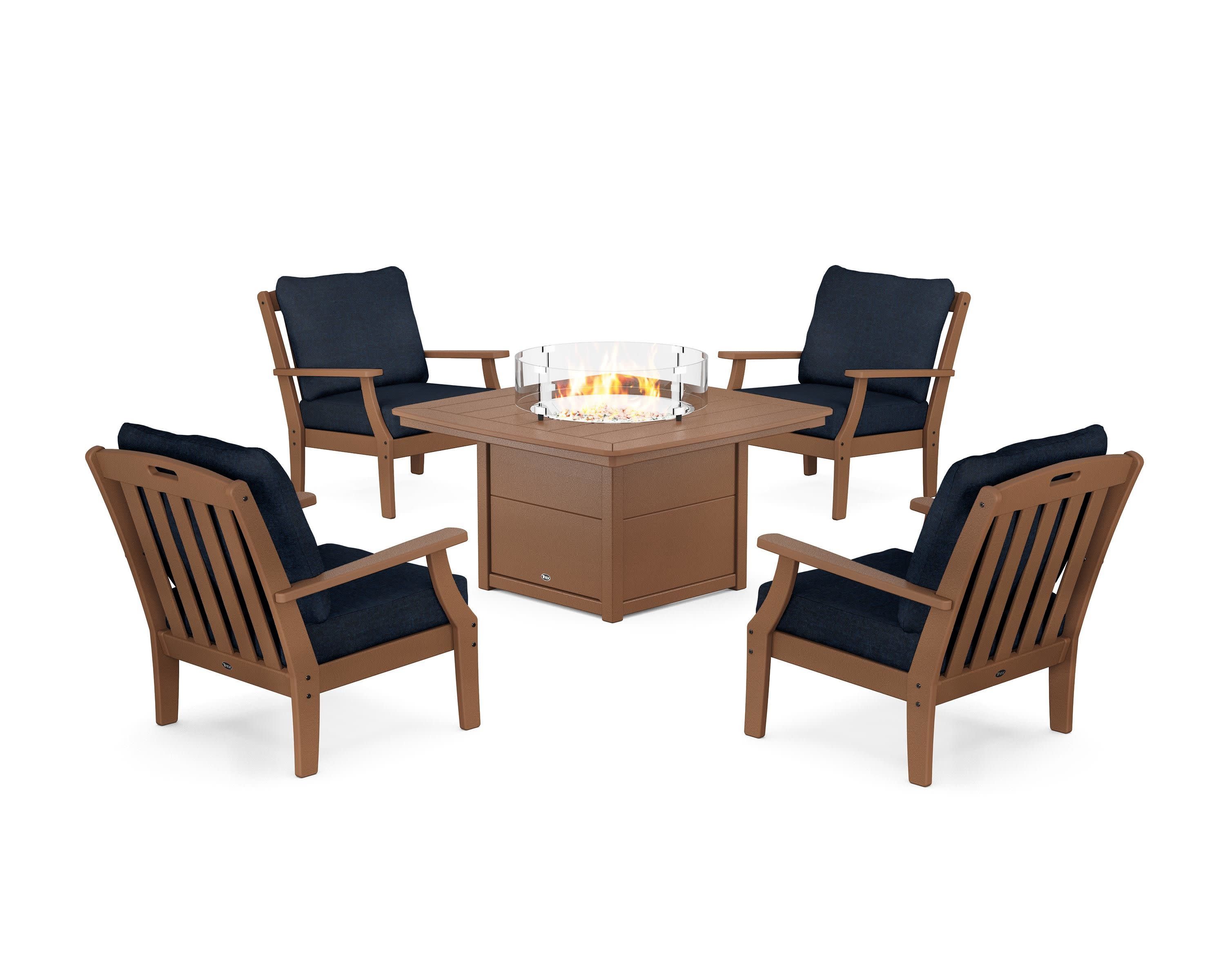 Yacht Club 5-Piece Deep Seating Set with Fire Pit Table in Tree House / Marine Indigo