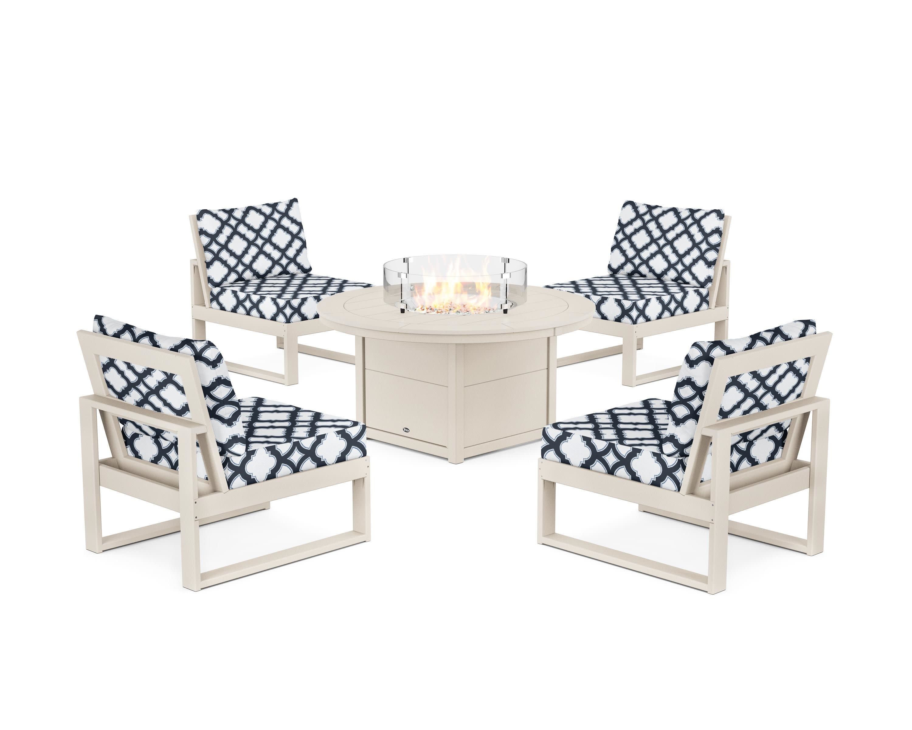 Eastport Modular 5-Piece Deep Seating Set with Round Fire Pit Table in Sand Castle / Trellis Marine Indigo
