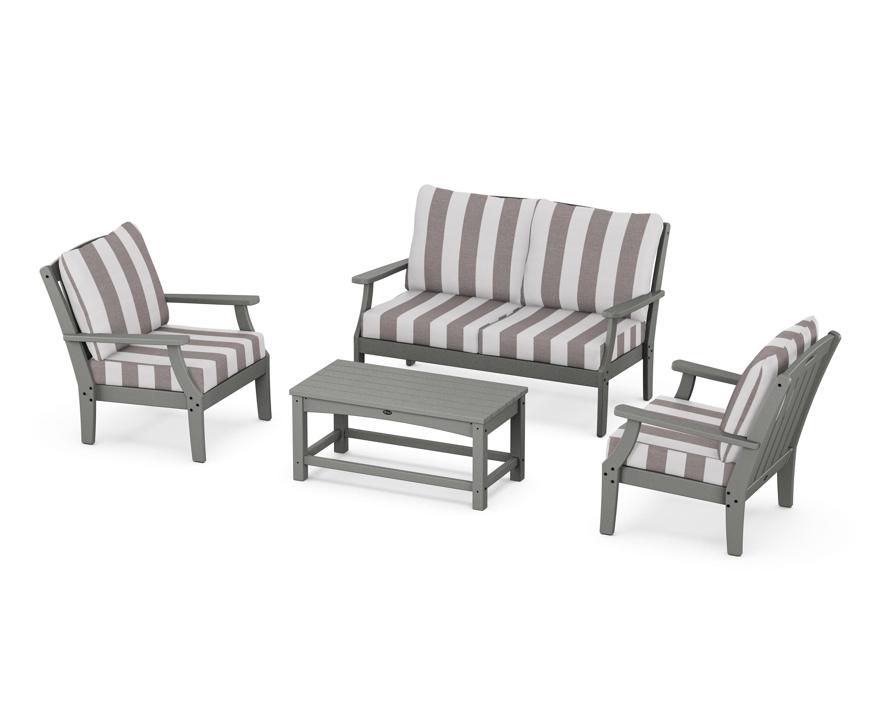 Yacht Club 4-Piece Deep Seating Chair Set in Stepping Stone / Cabana Stripe Grey Mist