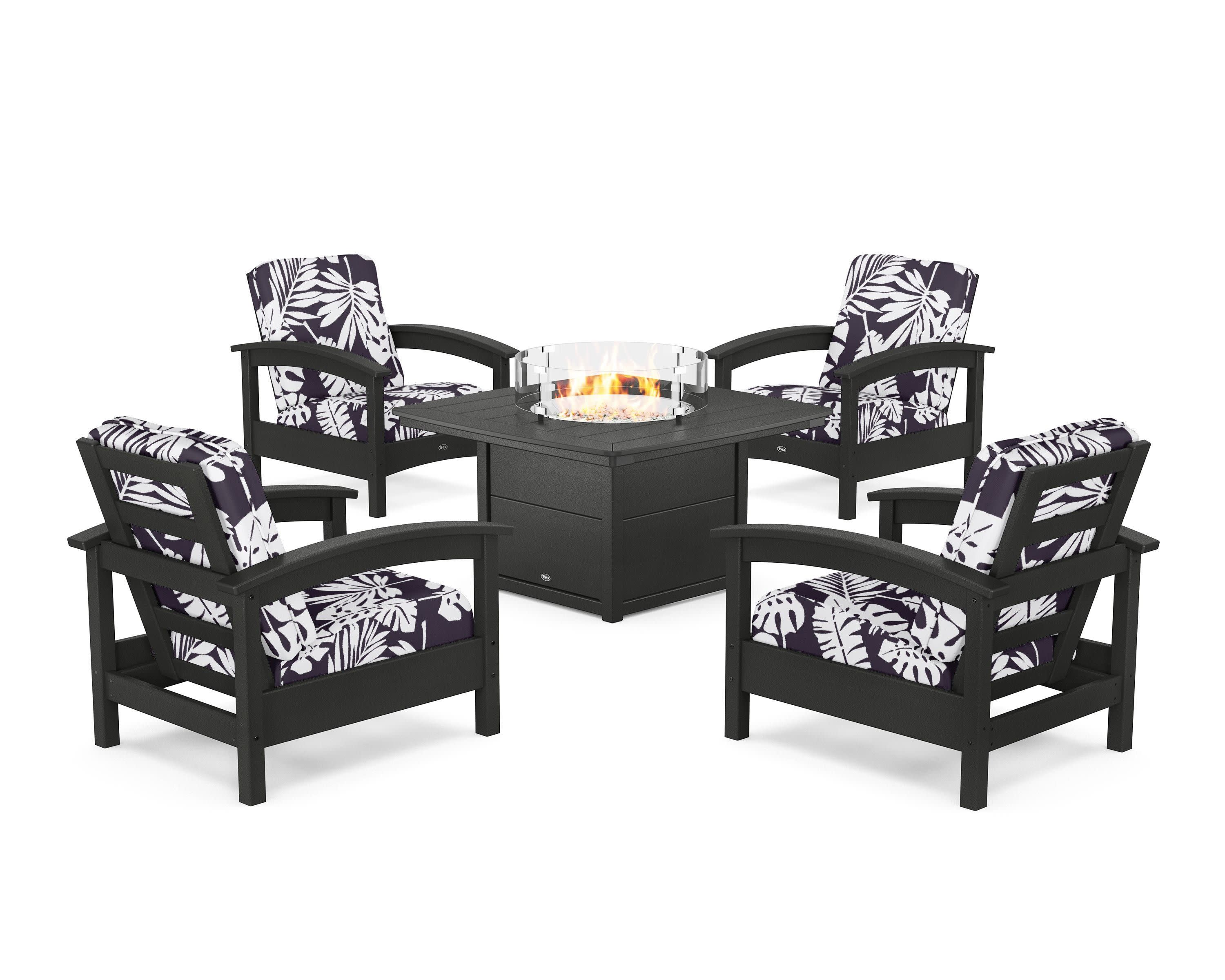 Rockport 5-Piece Deep Seating Set with Yacht Club Fire Pit Table in Charcoal Black / Leaf Navy