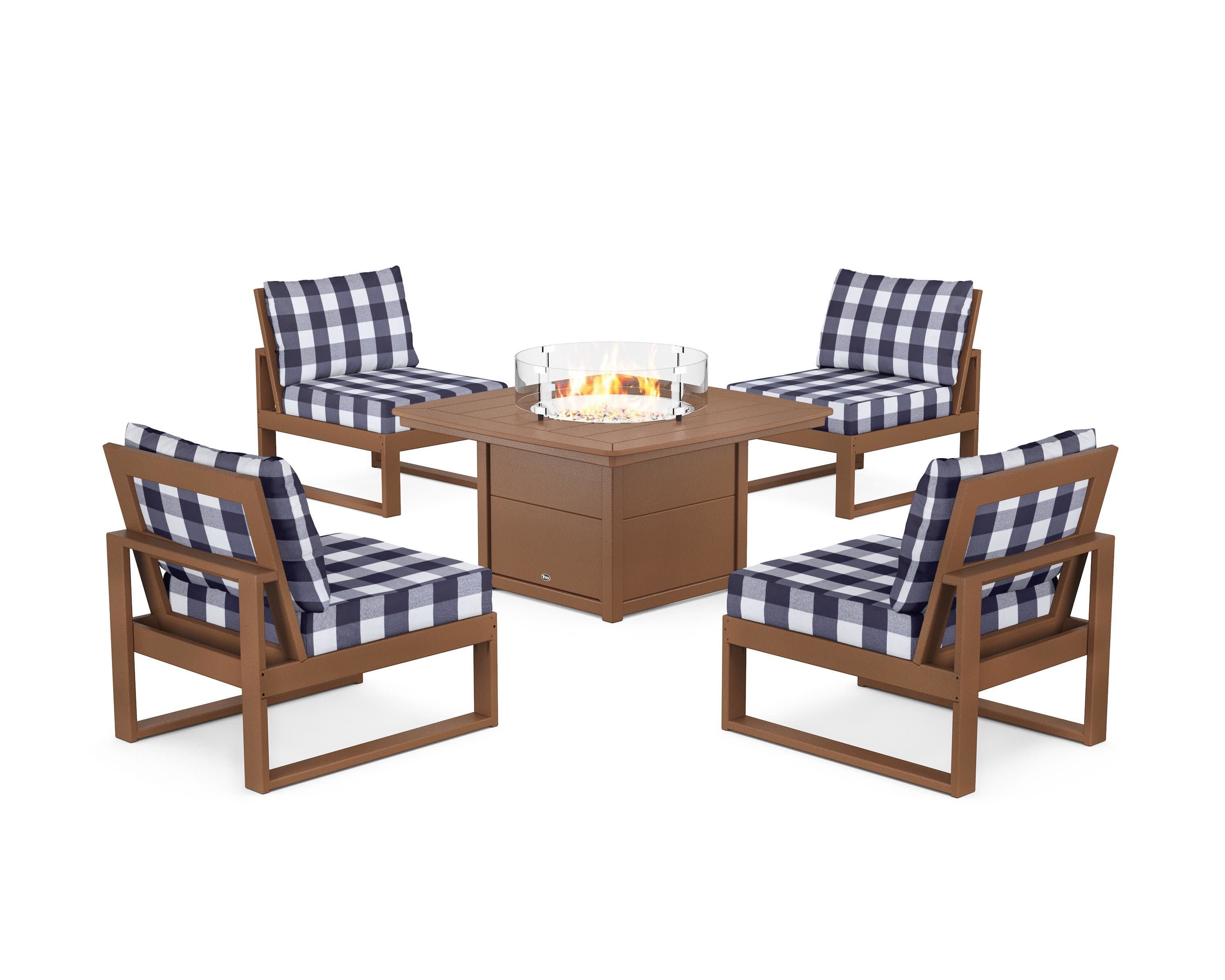 Eastport Modular 5-Piece Deep Seating Set with Yacht Club Fire Pit Table in Tree House / Buffalo Plaid Navy