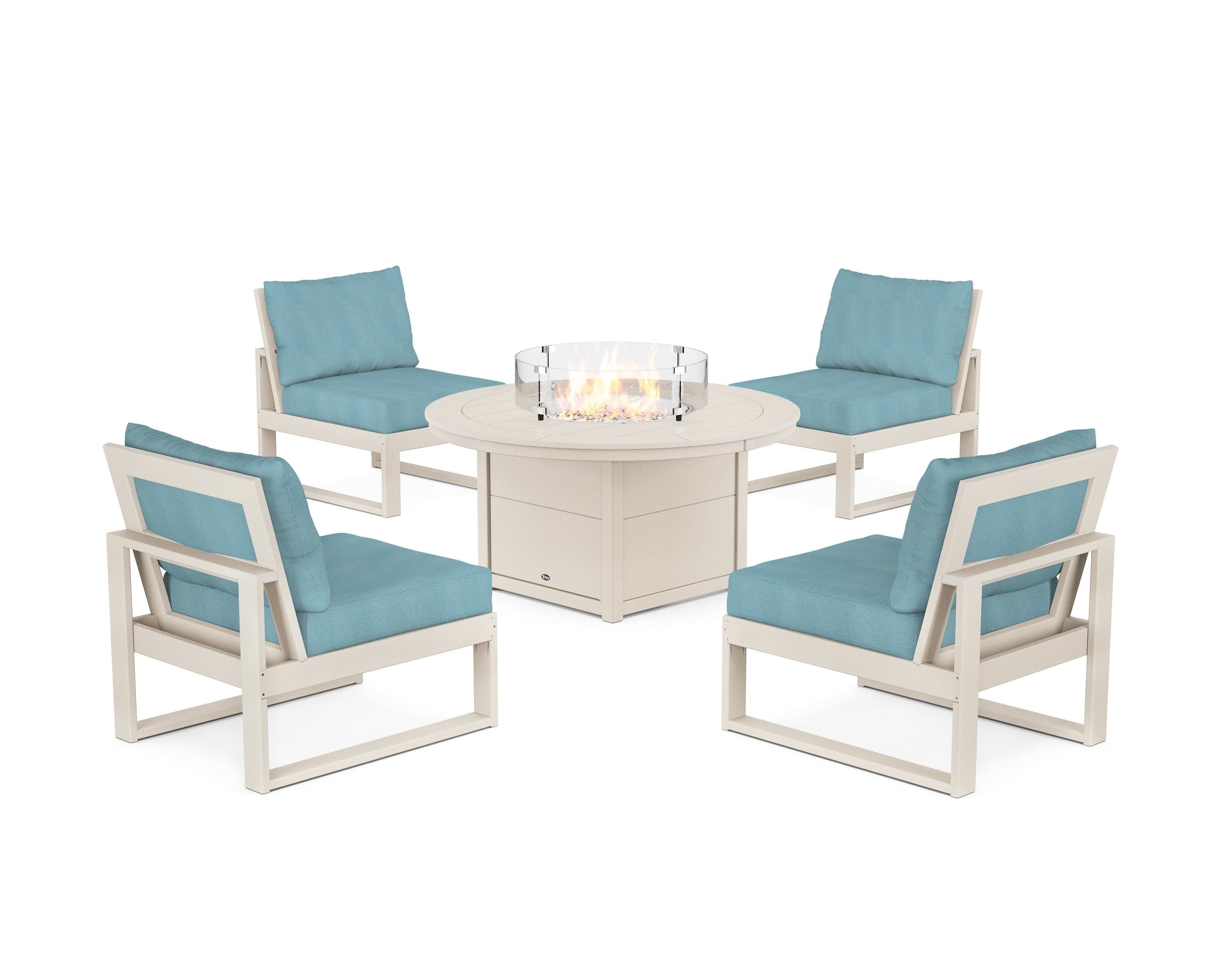Eastport Modular 5-Piece Deep Seating Set with Round Fire Pit Table in Sand Castle / Lattice Sky Blue