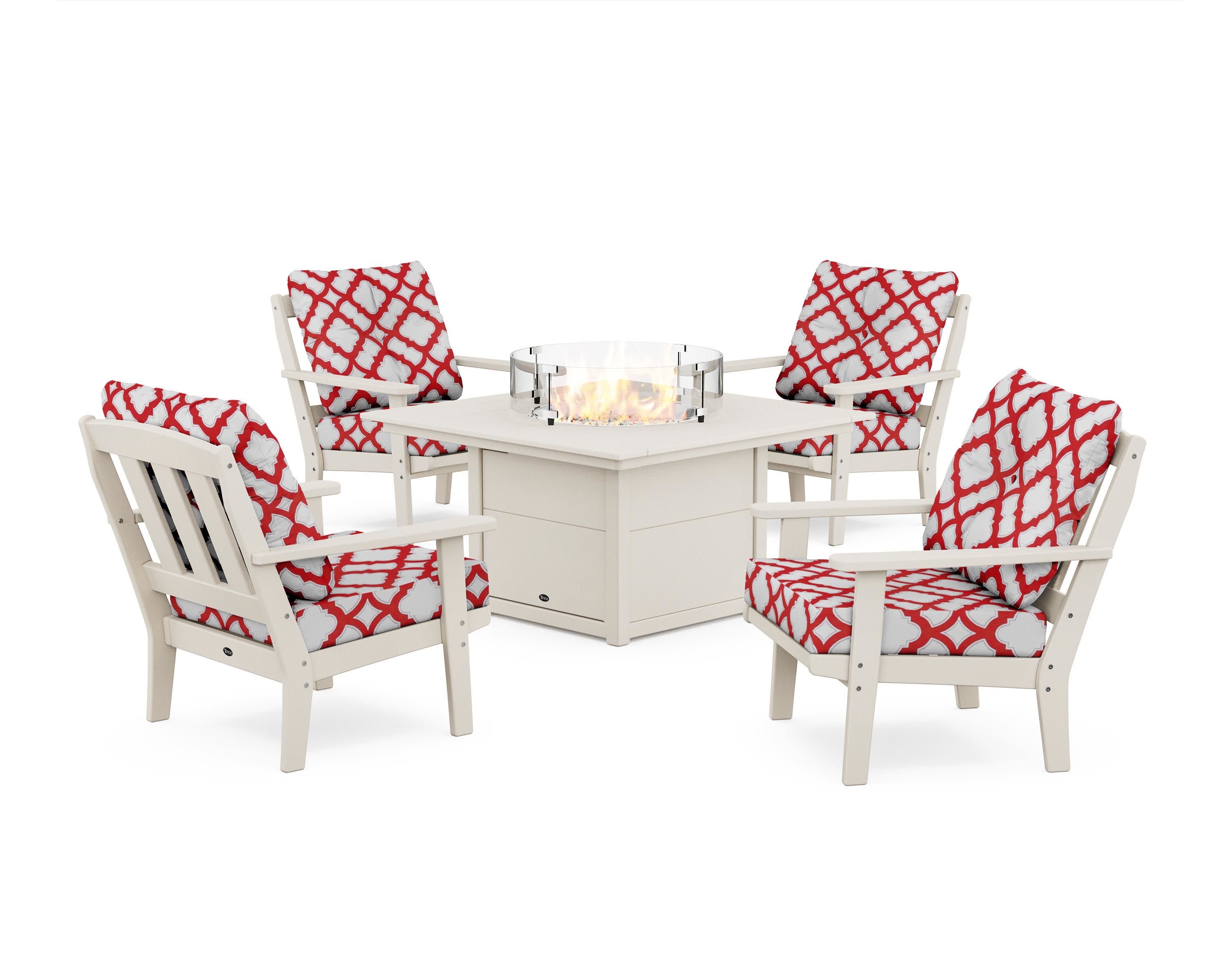 Cape Cod 5-Piece Deep Seating Set with Fire Pit Table in Sand Castle / Trellis Crimson