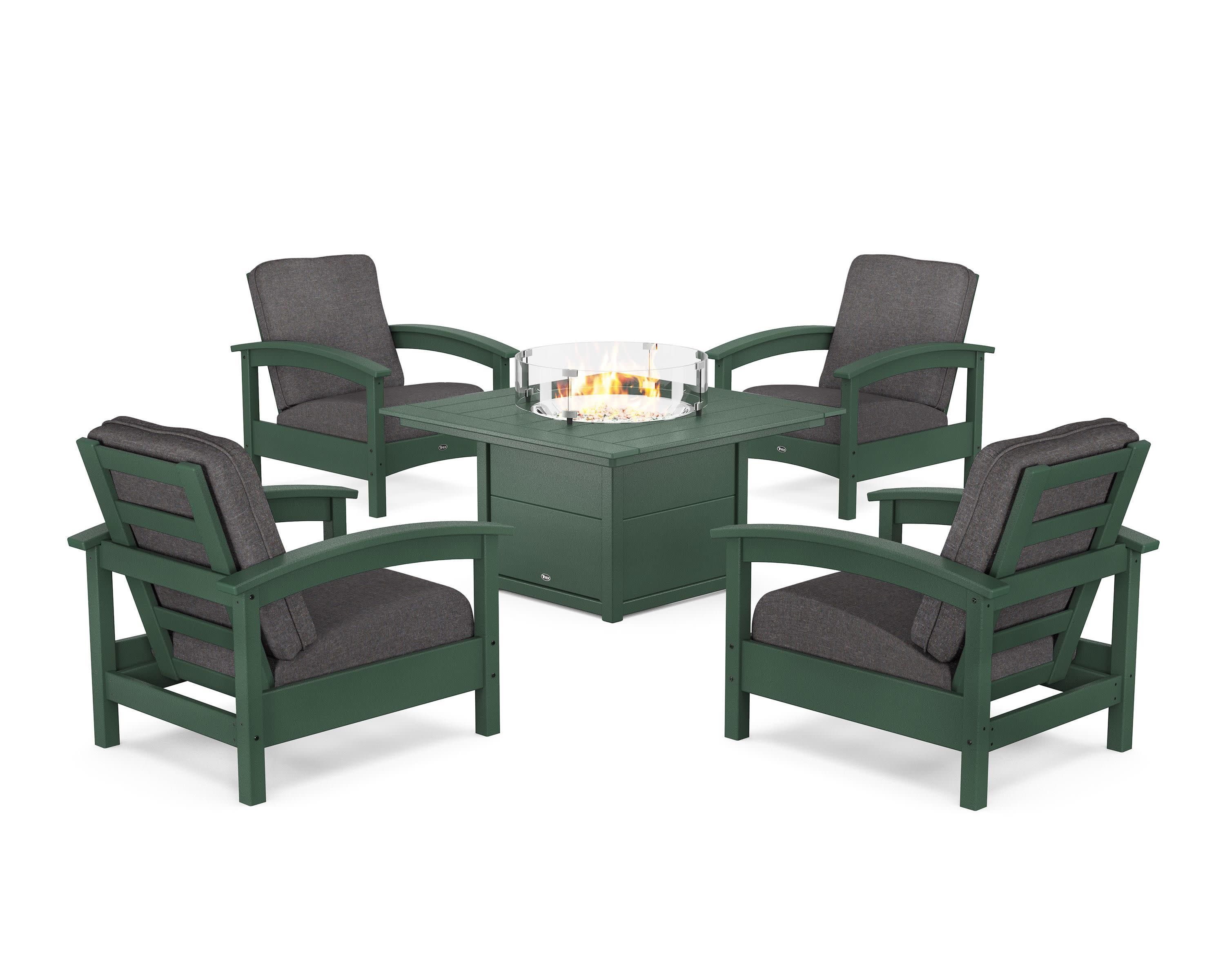 Rockport 5-Piece Deep Seating Set with Square Fire Pit Table in Rainforest Canopy / Ash Charcoal