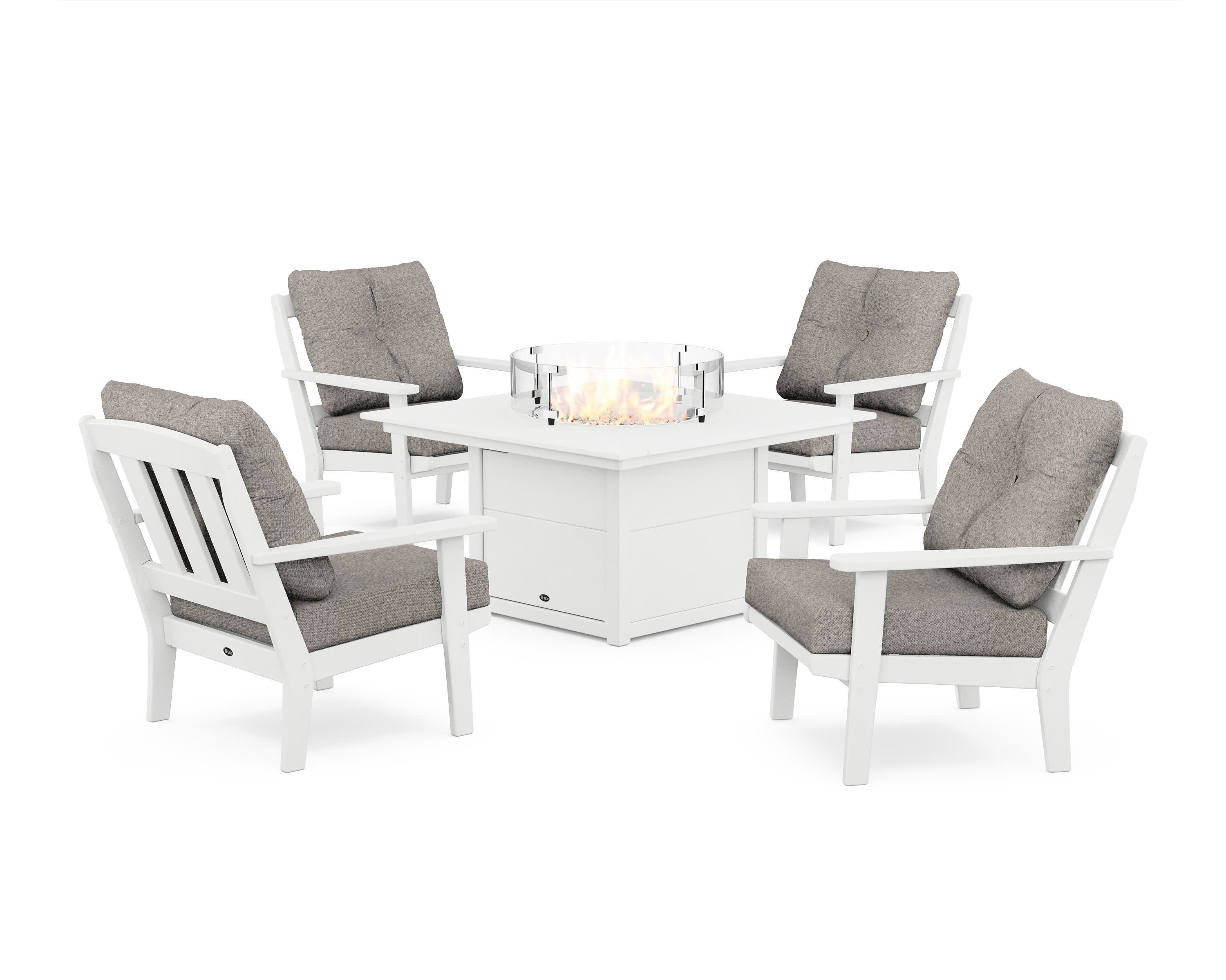 Cape Cod 5-Piece Deep Seating Set with Fire Pit Table in Classic White / Weathered Tweed