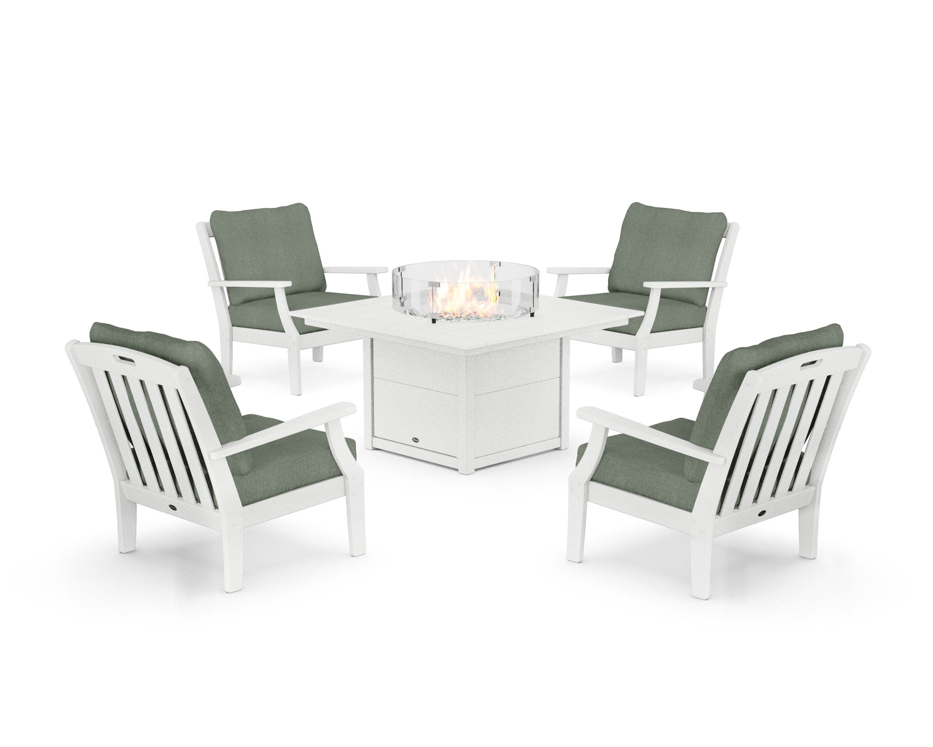 Yacht Club 5-Piece Deep Seating Set with Square Fire Pit Table in Classic White / Cast Sage