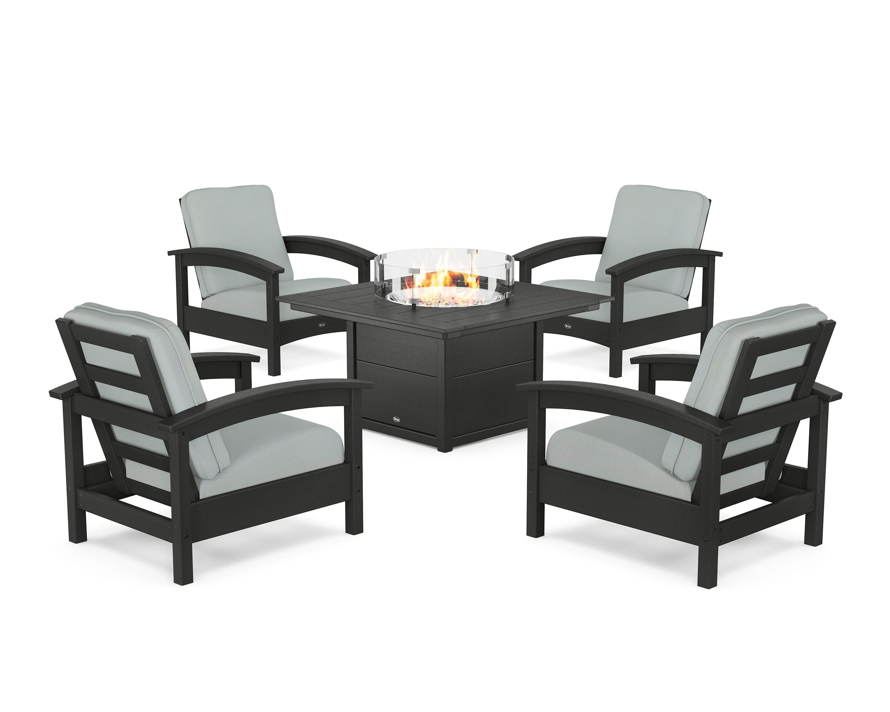 Rockport 5-Piece Deep Seating Set with Square Fire Pit Table in Charcoal Black / Spa