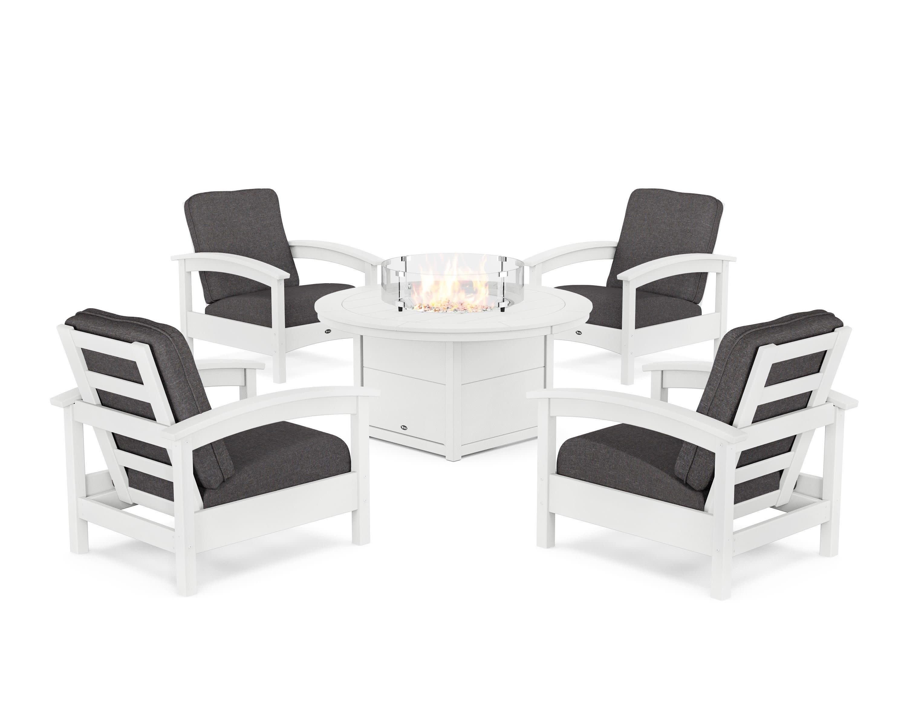 Rockport 5-Piece Deep Seating Set with Round Fire Pit Table in Classic White / Ash Charcoal