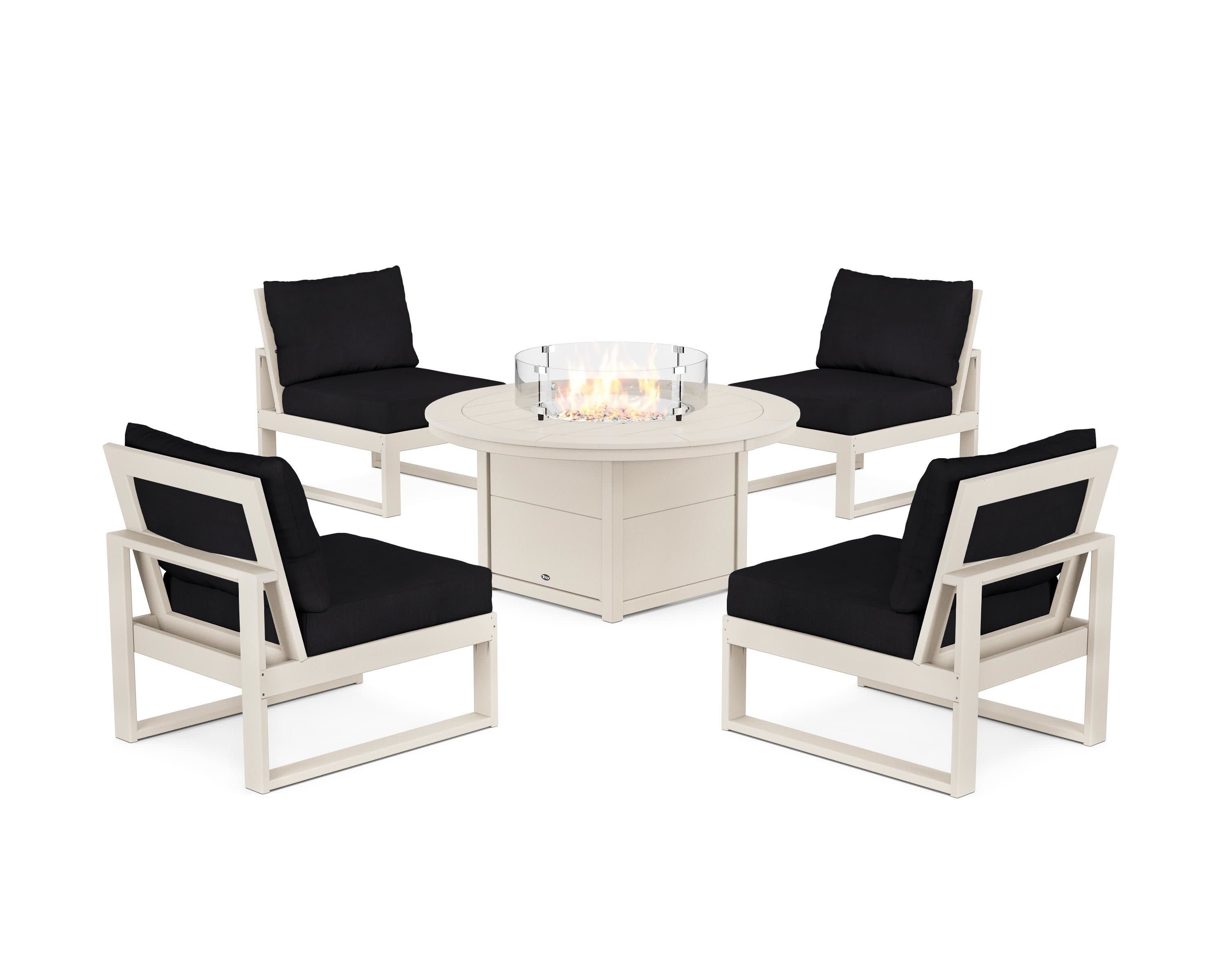 Eastport Modular 5-Piece Deep Seating Set with Round Fire Pit Table in Sand Castle / Midnight Linen