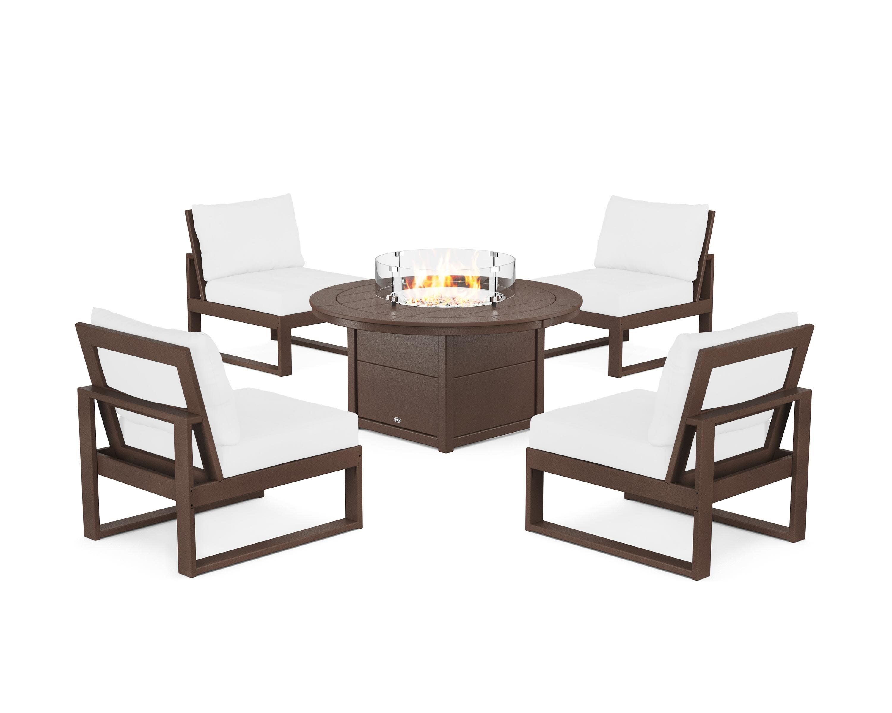 Eastport Modular 5-Piece Deep Seating Set with Round Fire Pit Table in Vintage Lantern / Natural