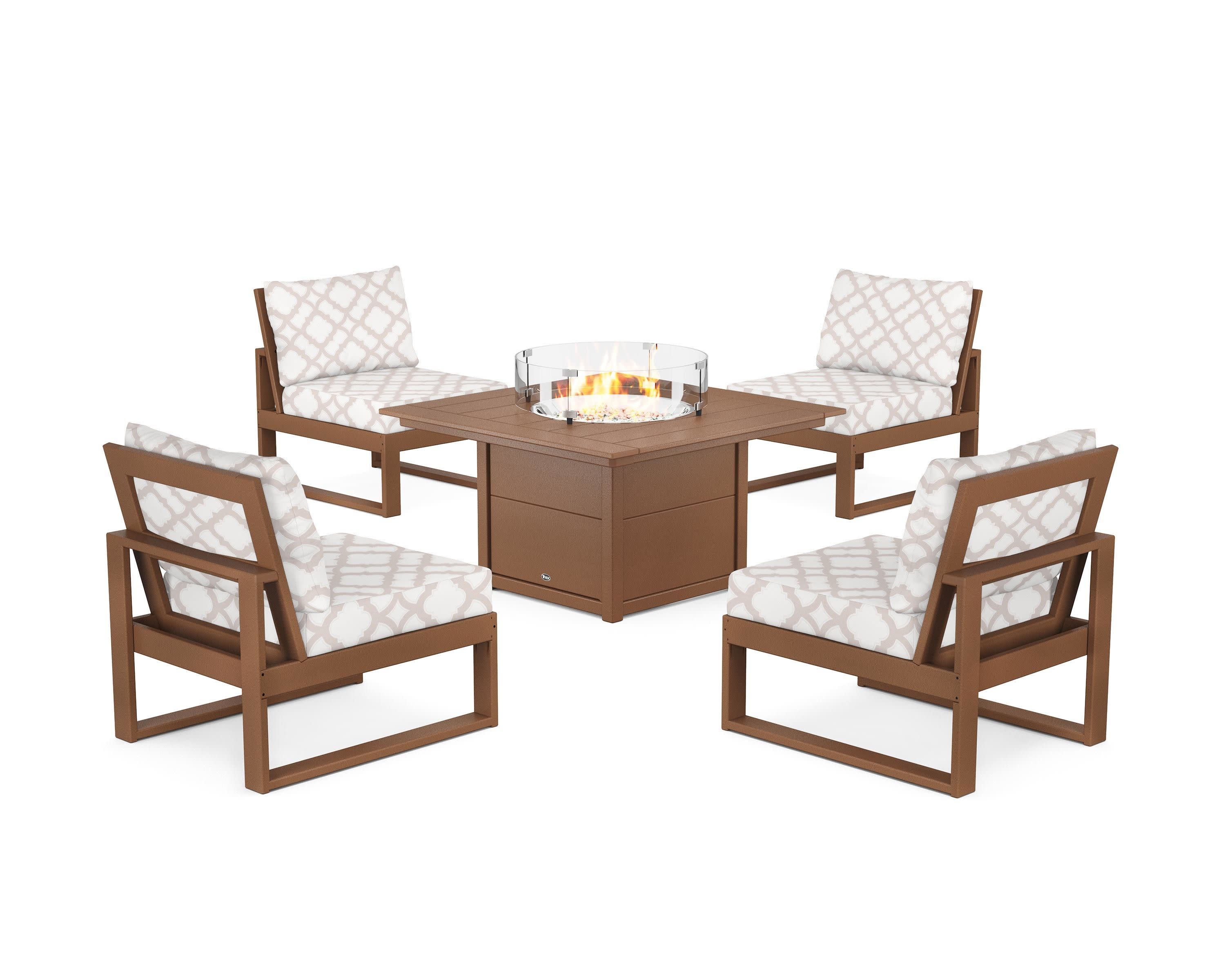 Eastport Modular 5-Piece Deep Seating Set with Square Fire Pit Table in Tree House / Trellis Dune Burlap