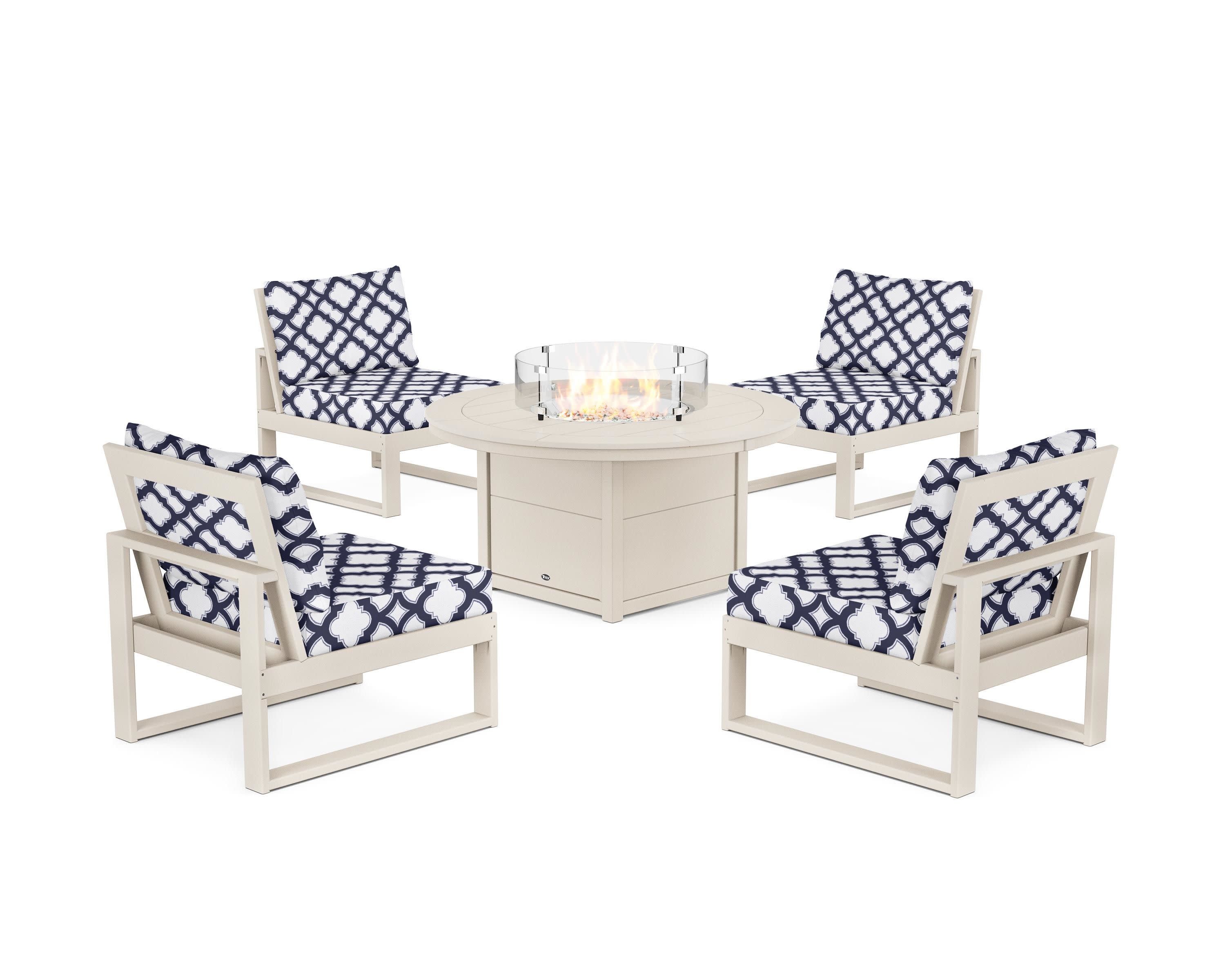 Eastport Modular 5-Piece Deep Seating Set with Round Fire Pit Table in Sand Castle / Trellis Navy
