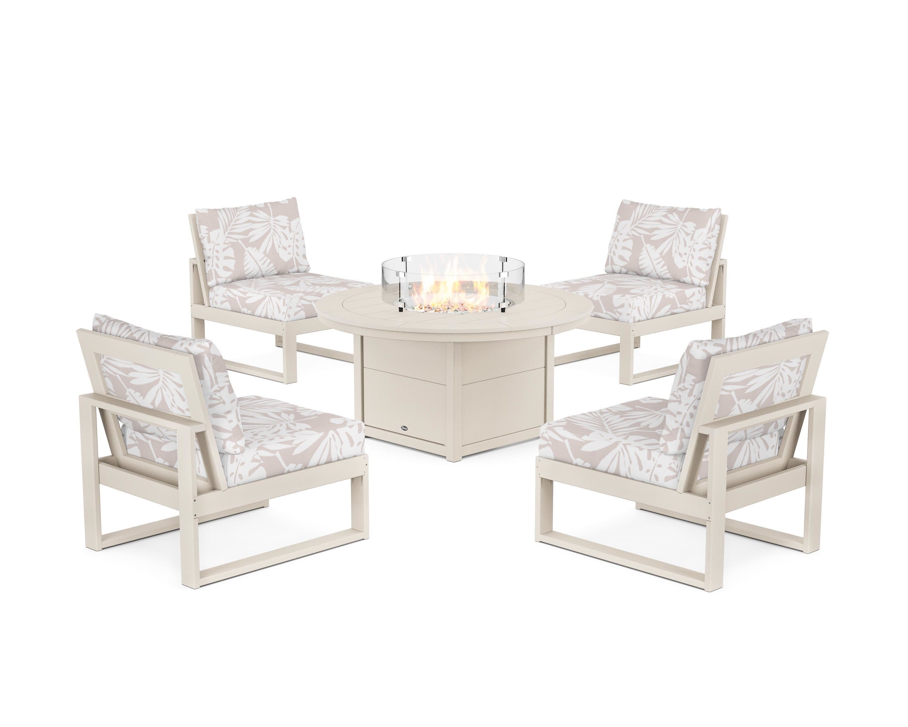 Eastport Modular 5-Piece Deep Seating Set with Round Fire Pit Table in Sand Castle / Leaf Dune Burlap