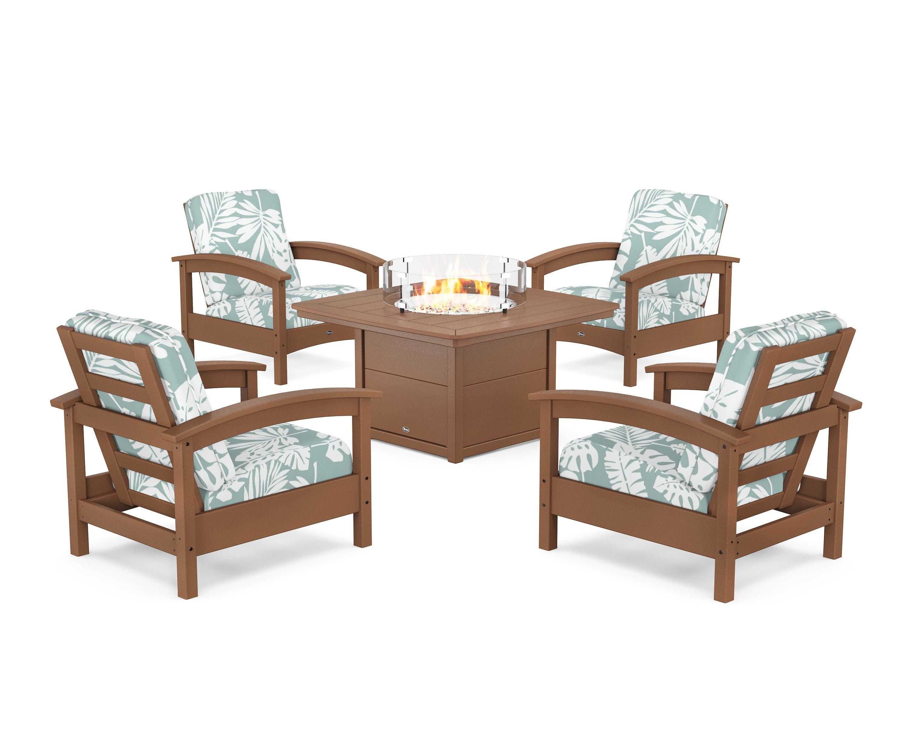 Rockport 5-Piece Deep Seating Set with Yacht Club Fire Pit Table in Tree House / Leaf Glacier Spa