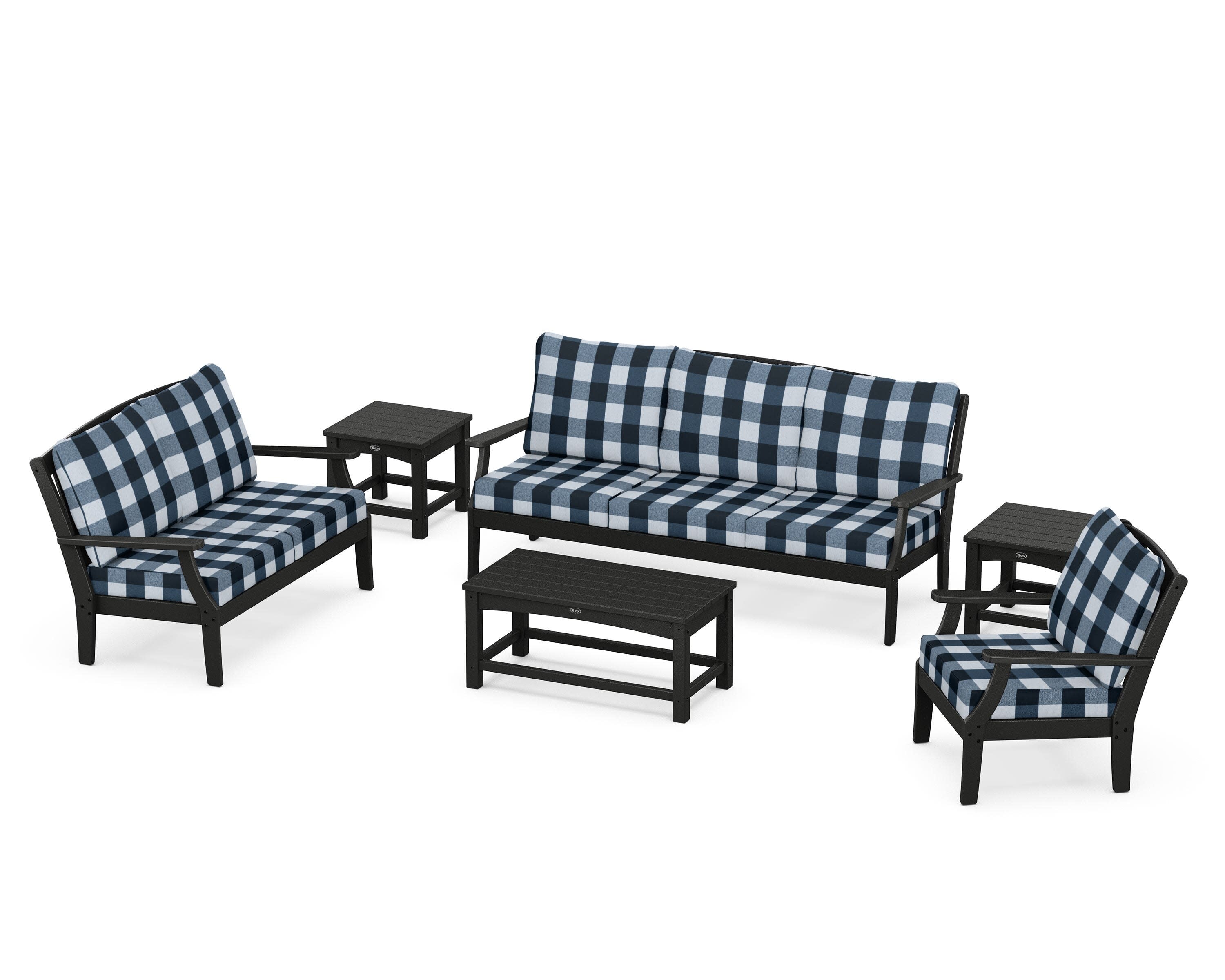 Yacht Club 6-Piece Deep Seating Set in Charcoal Black / Buffalo Plaid Marine Indigo