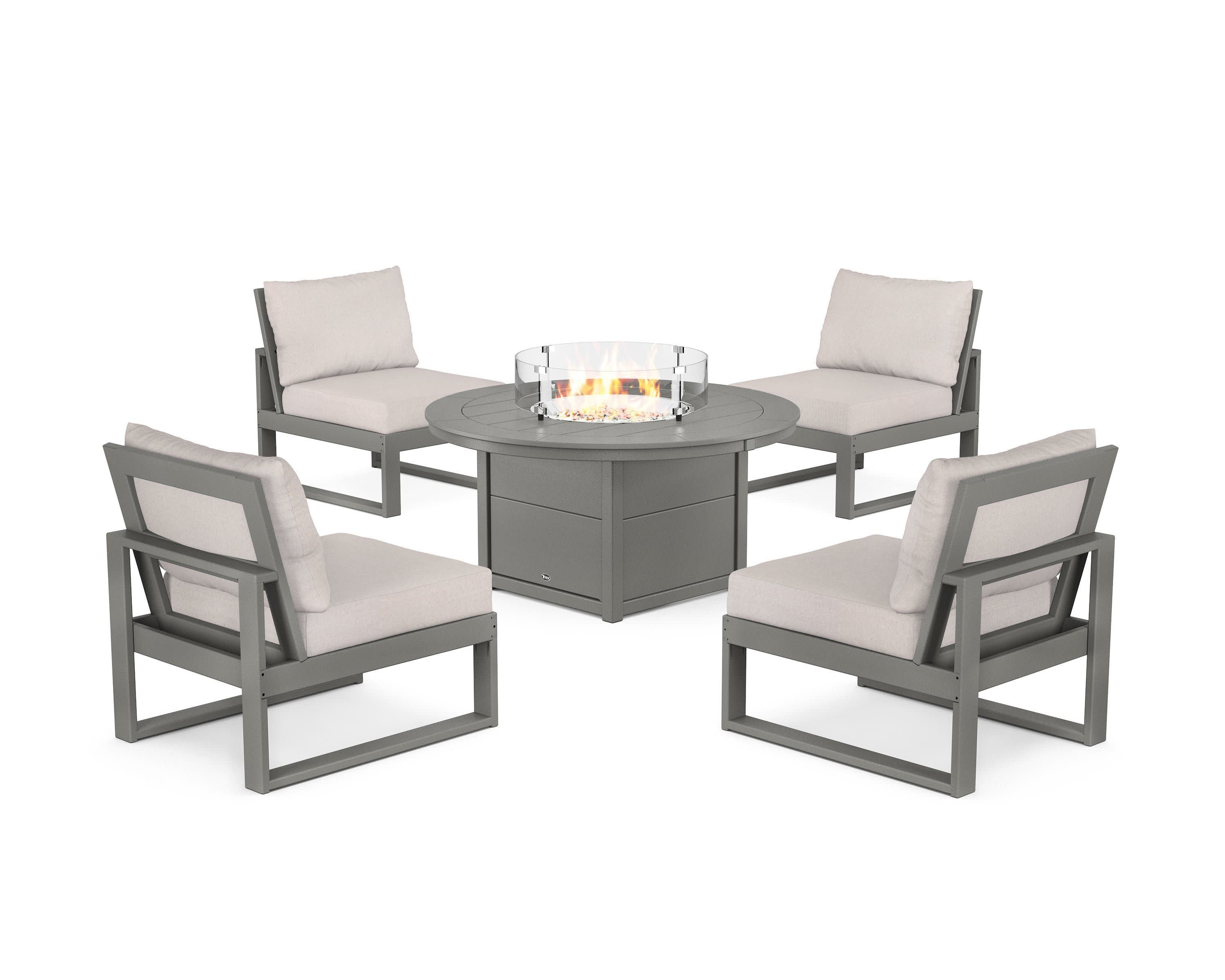 Eastport Modular 5-Piece Deep Seating Set with Round Fire Pit Table in Stepping Stone / Dune Burlap