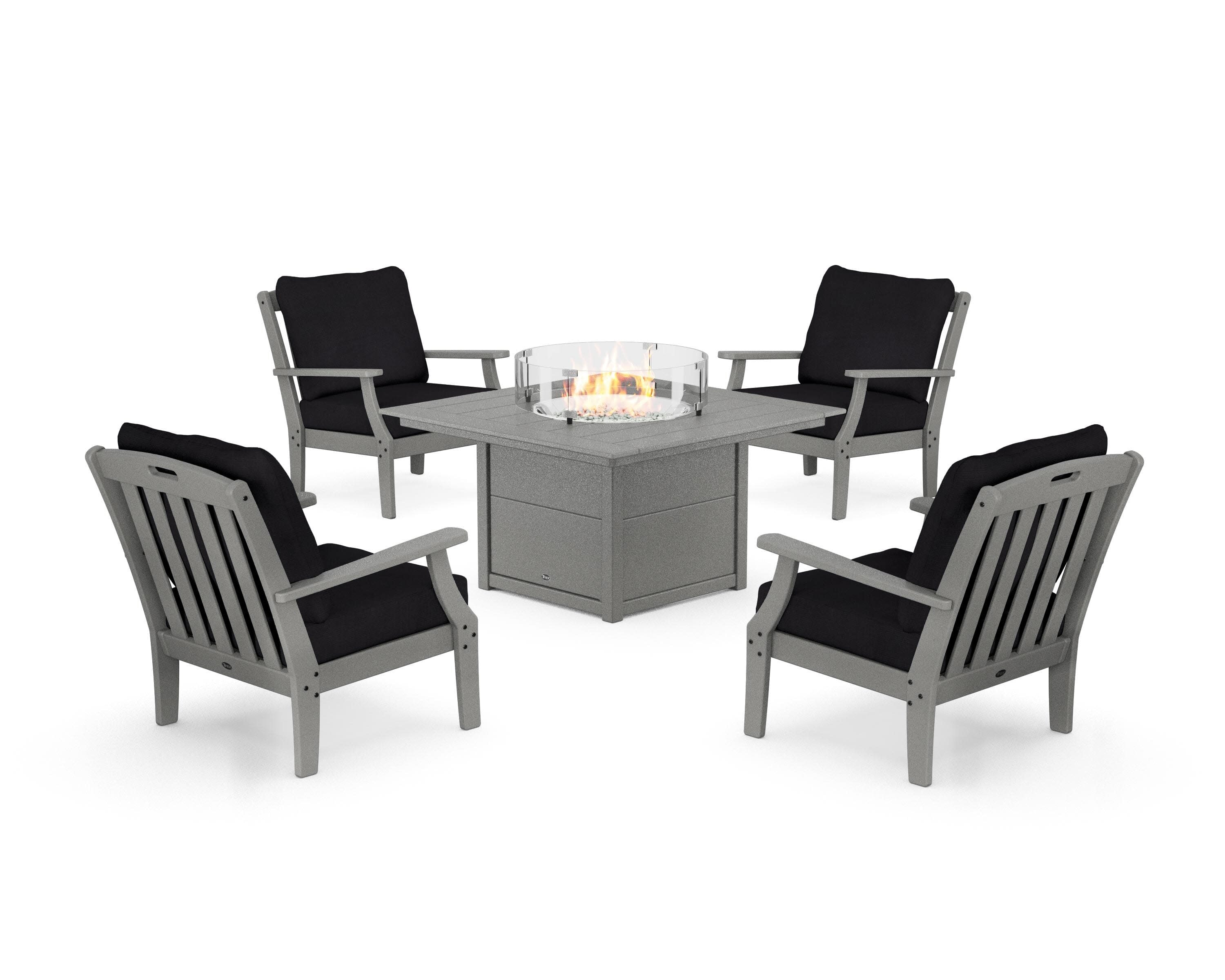 Yacht Club 5-Piece Deep Seating Set with Square Fire Pit Table in Stepping Stone / Midnight Linen