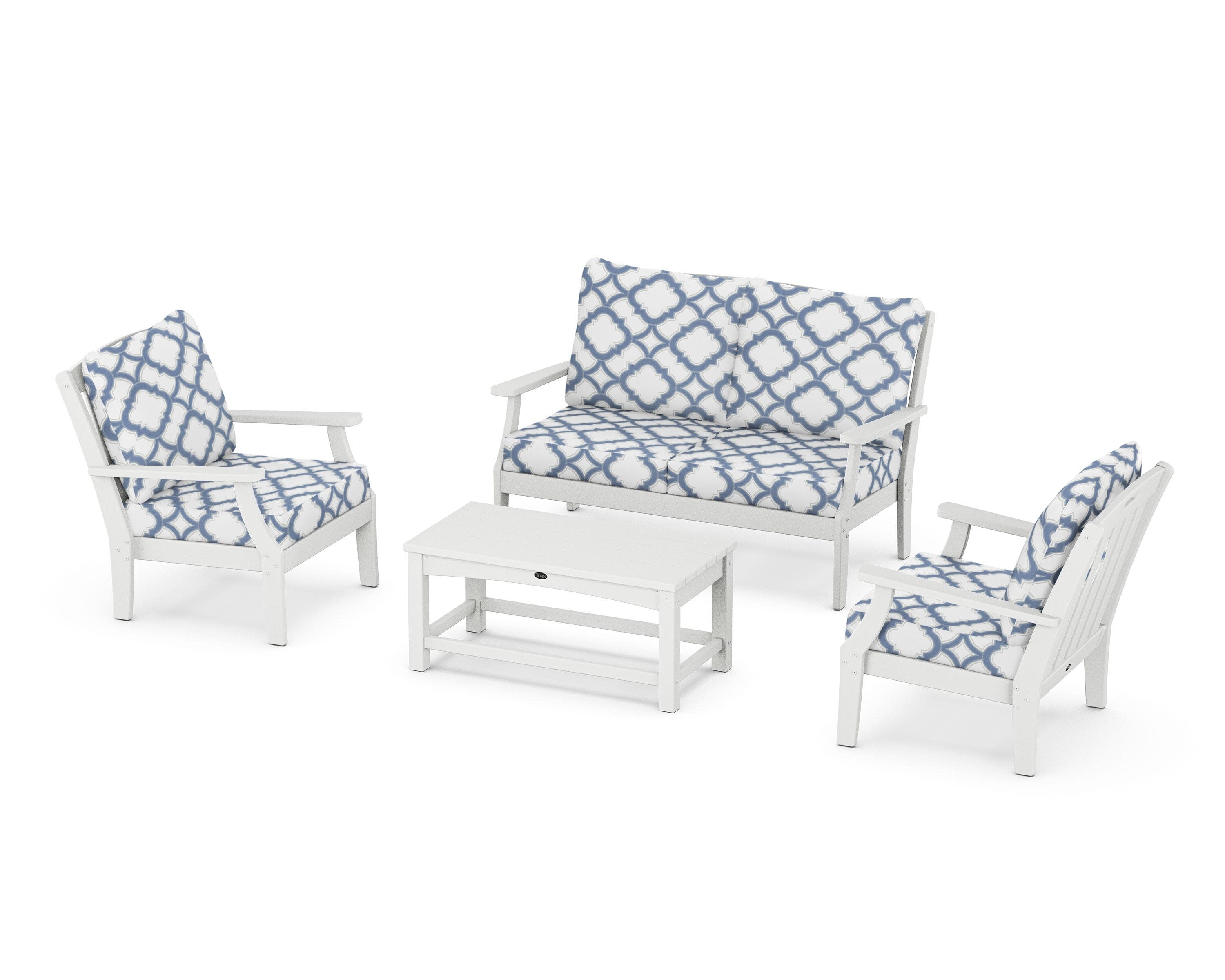 Yacht Club 4-Piece Deep Seating Chair Set in Classic White / Trellis Sky Blue