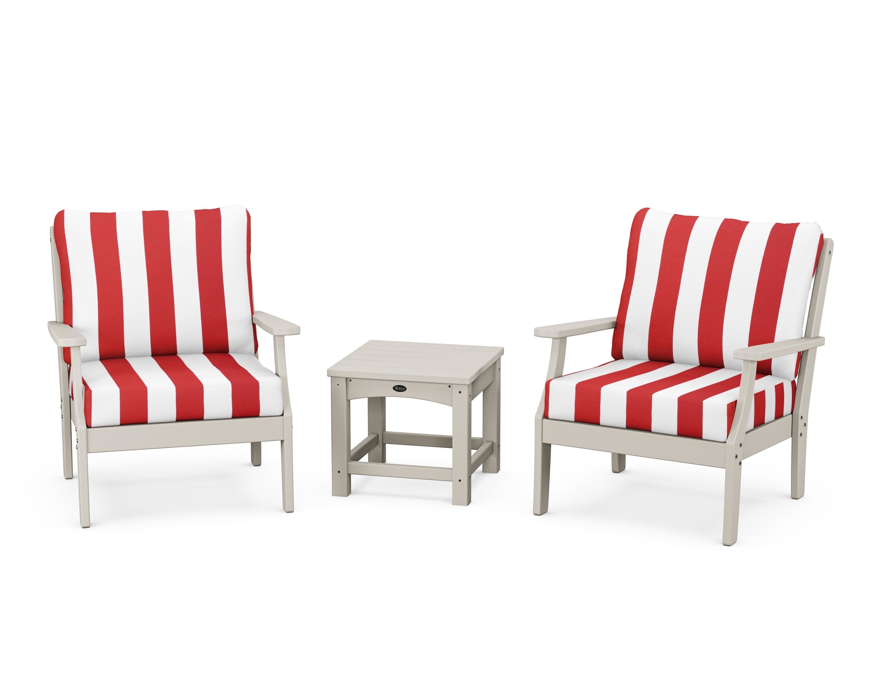 Yacht Club 3-Piece Deep Seating Set in Sand Castle / Cabana Stripe Crimson
