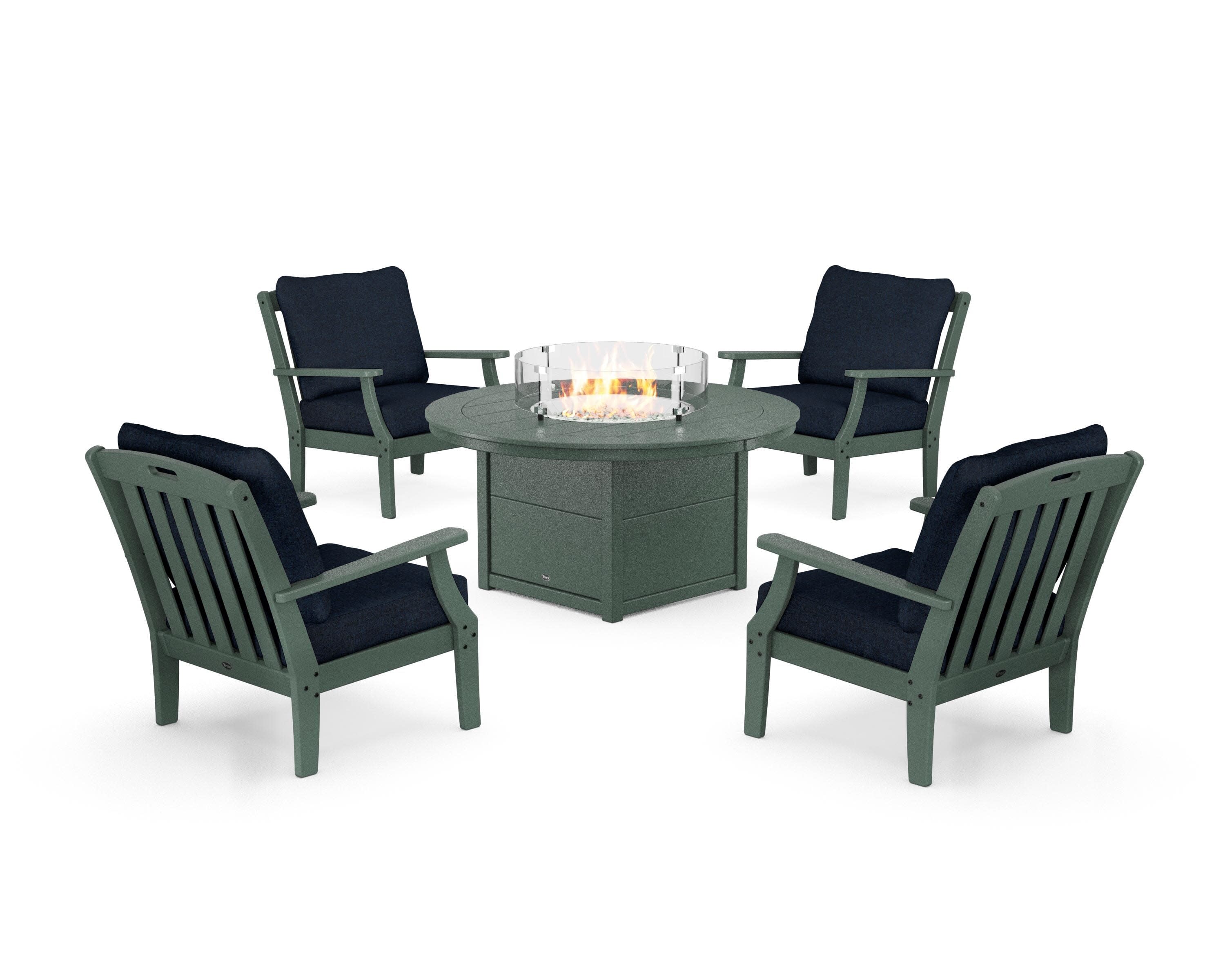 Yacht Club 5-Piece Deep Seating Set with Round Fire Pit Table in Rainforest Canopy / Marine Indigo