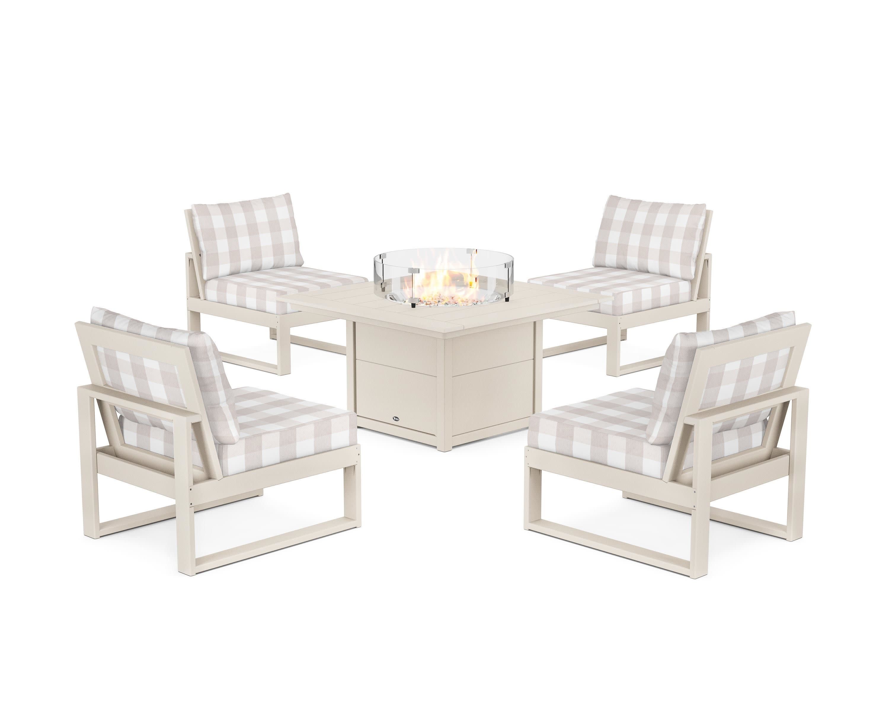 Eastport Modular 5-Piece Deep Seating Set with Square Fire Pit Table in Sand Castle / Buffalo Plaid Dune Burlap
