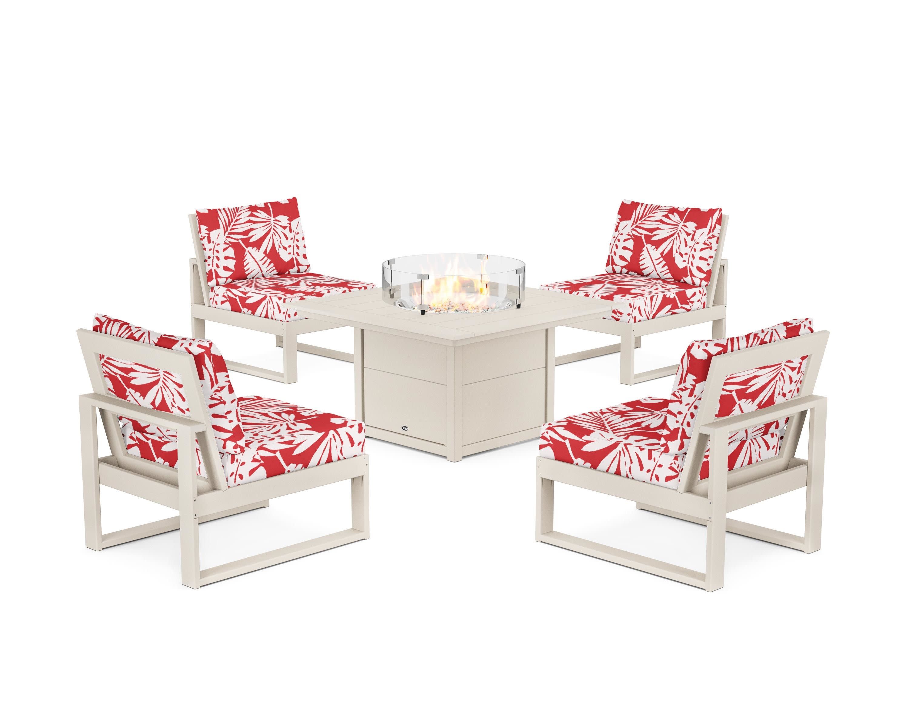 Eastport Modular 5-Piece Deep Seating Set with Square Fire Pit Table in Sand Castle / Leaf Crimson