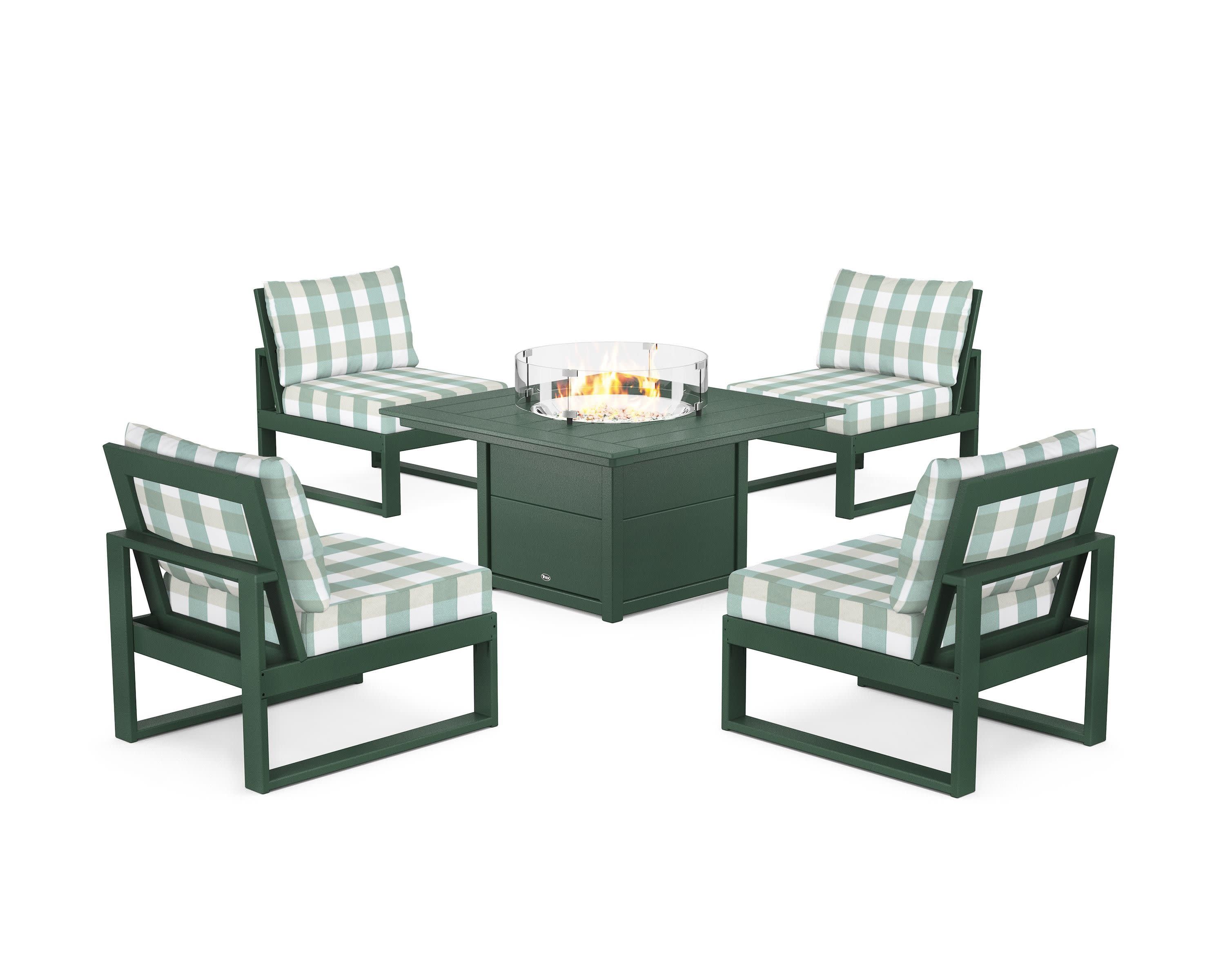 Eastport Modular 5-Piece Deep Seating Set with Square Fire Pit Table in Rainforest Canopy / Buffalo Plaid Glacier Spa