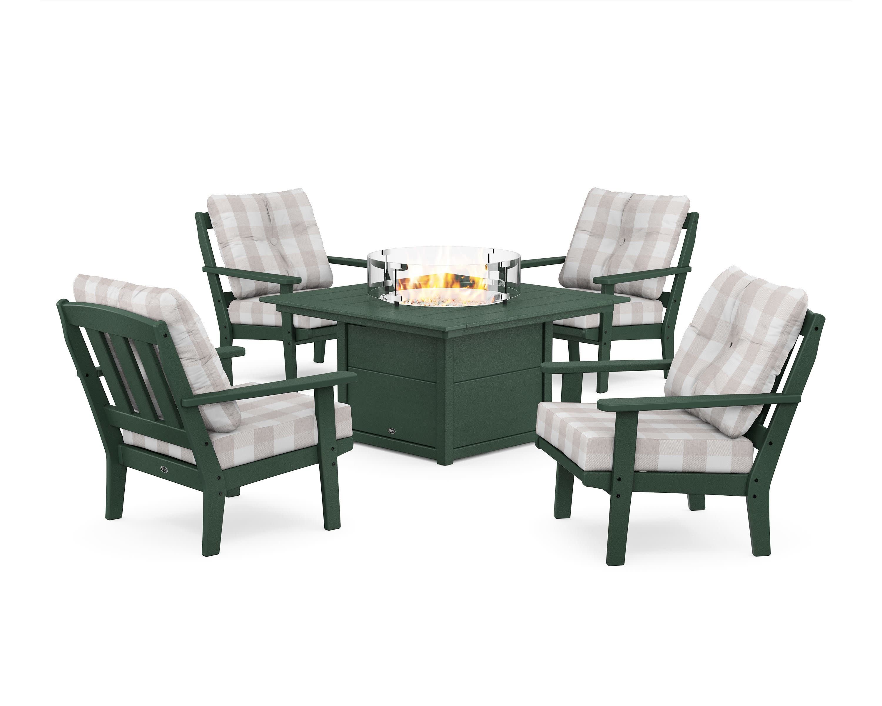 Cape Cod 5-Piece Deep Seating Set with Fire Pit Table in Rainforest Canopy / Buffalo Plaid Dune Burlap