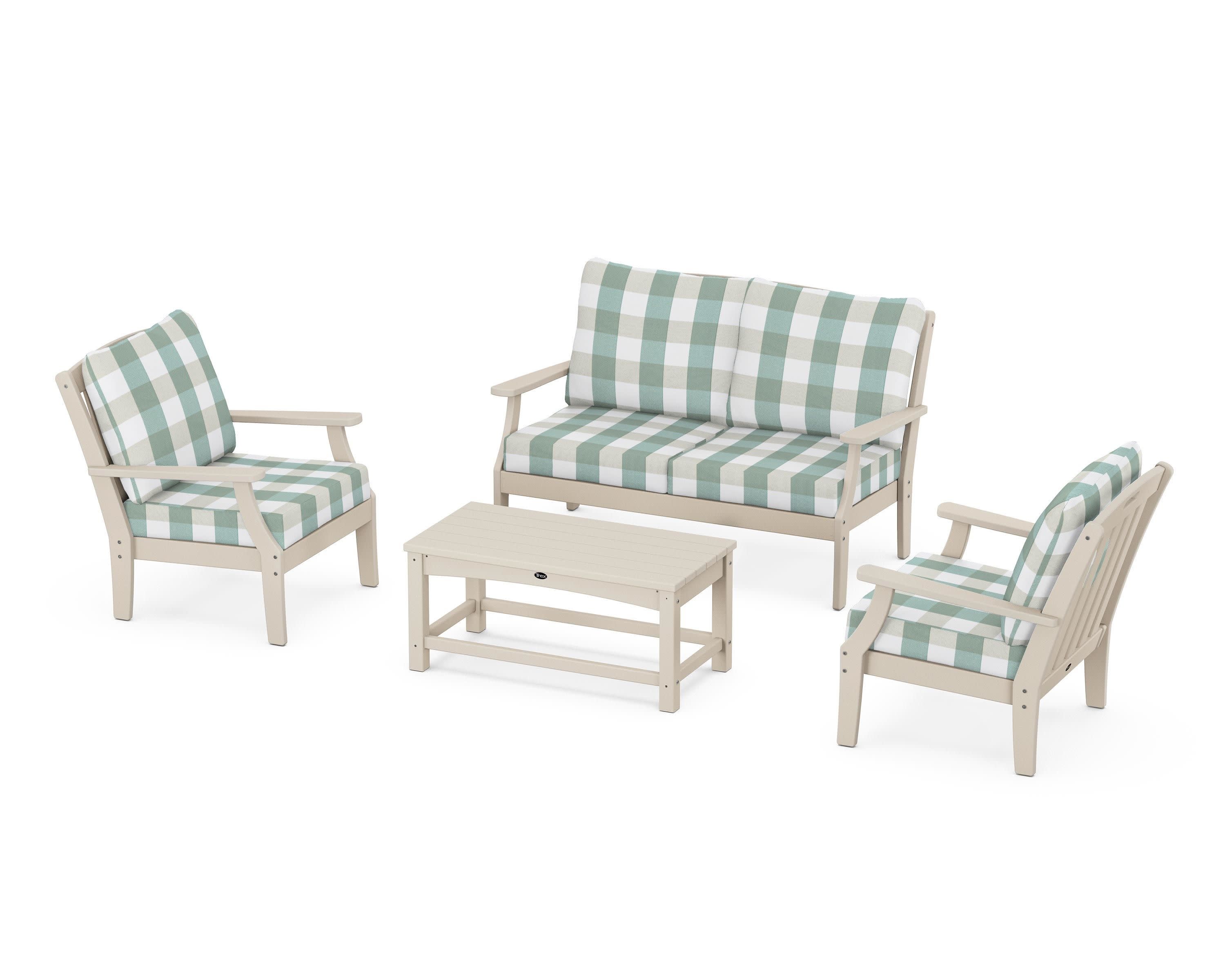 Yacht Club 4-Piece Deep Seating Chair Set in Sand Castle / Buffalo Plaid Glacier Spa