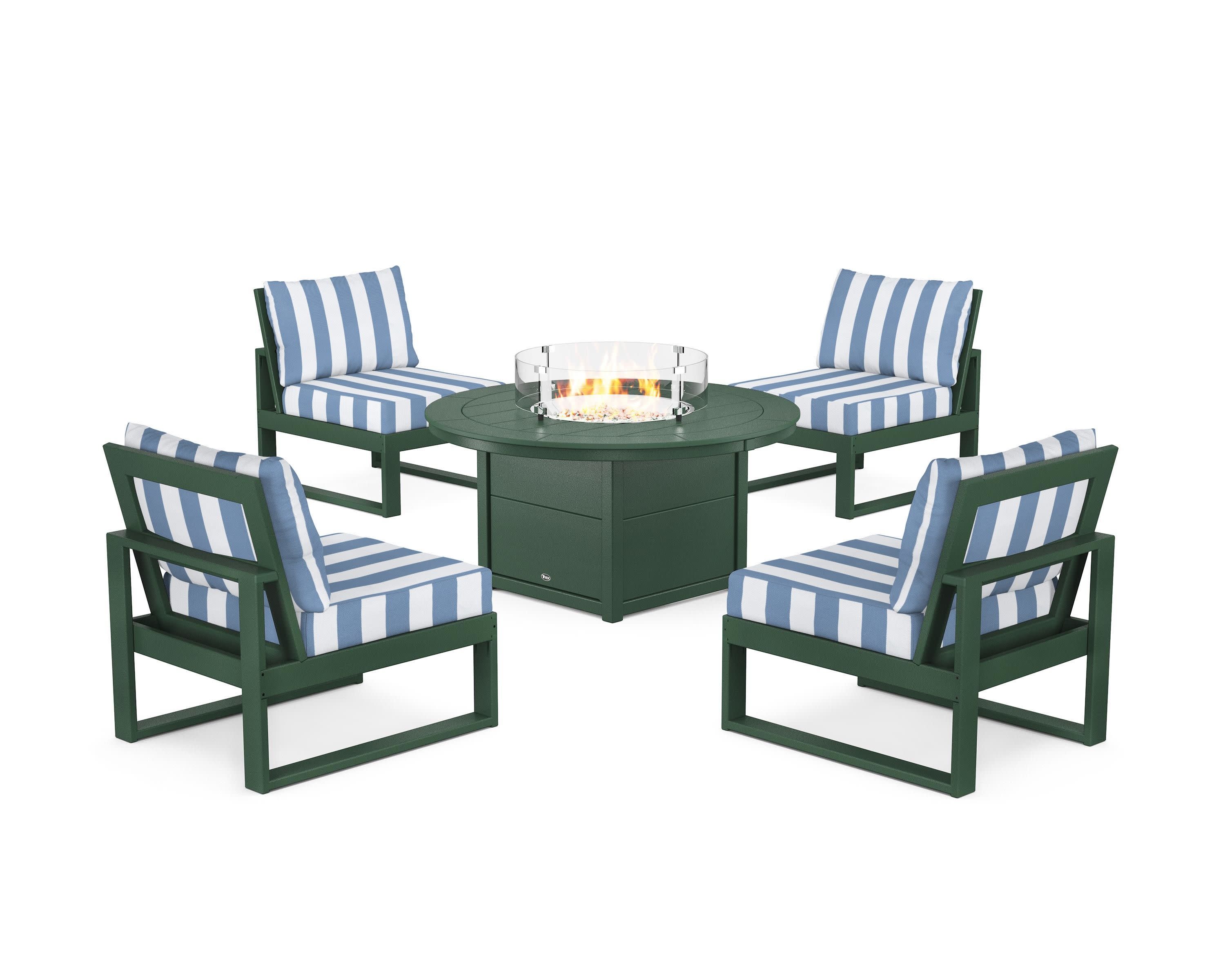 Eastport Modular 5-Piece Deep Seating Set with Round Fire Pit Table in Rainforest Canopy / Cabana Stripe Sky Blue