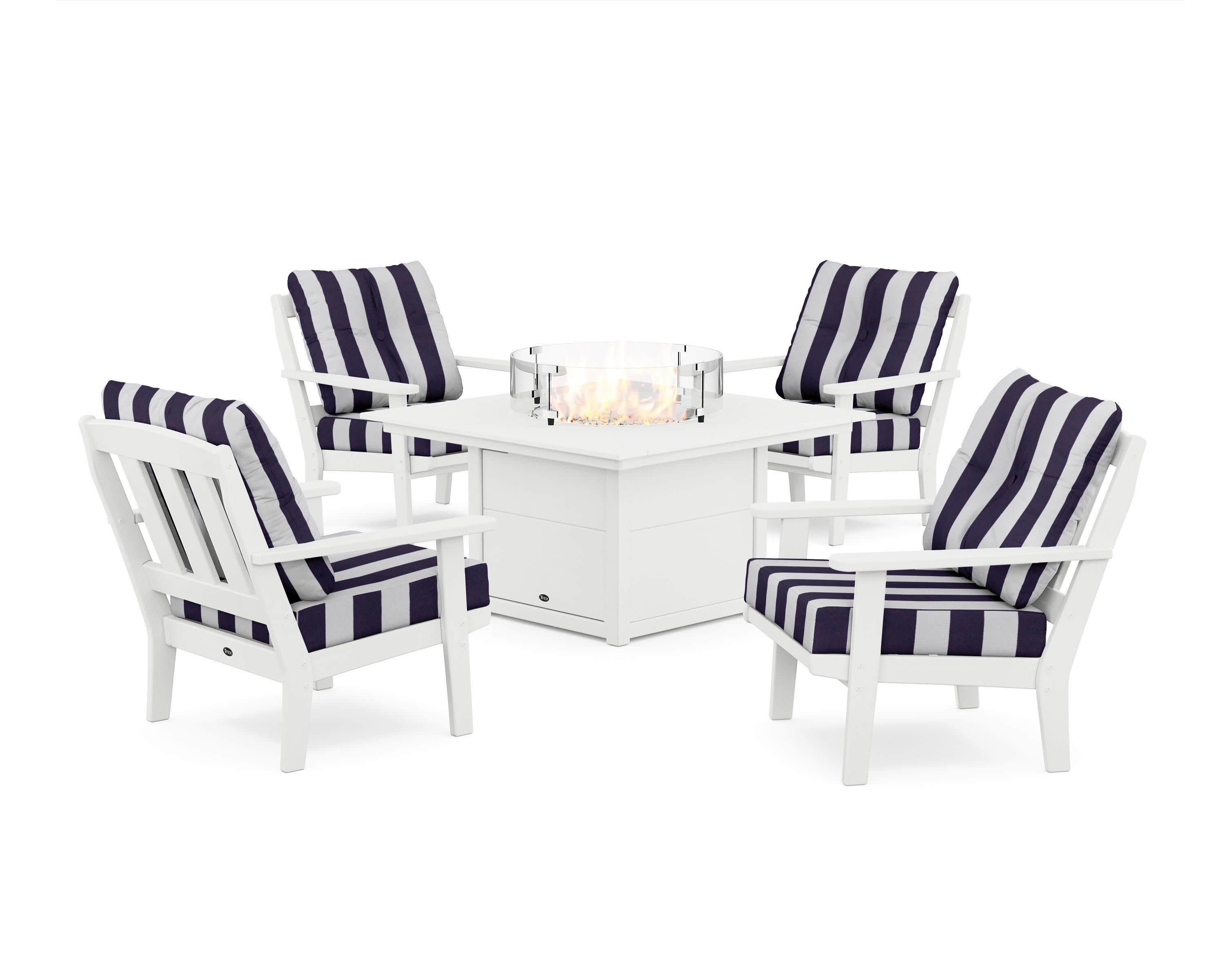 Cape Cod 5-Piece Deep Seating Set with Fire Pit Table in Classic White / Cabana Stripe Navy