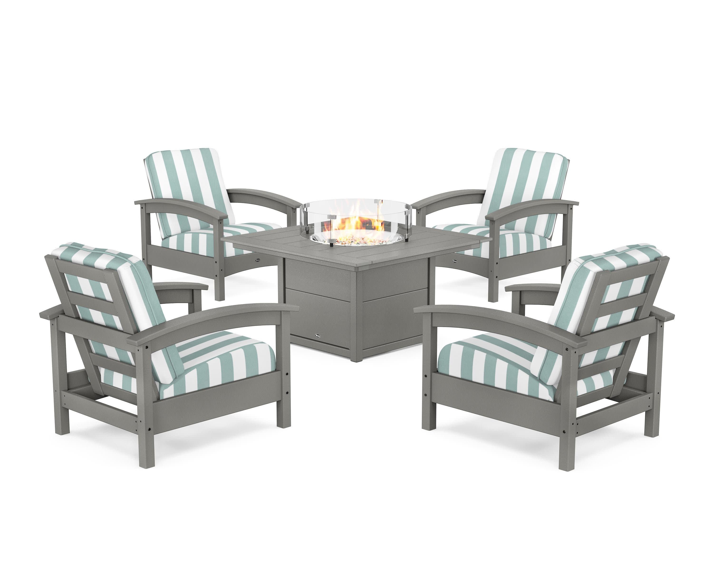 Rockport 5-Piece Deep Seating Set with Square Fire Pit Table in Stepping Stone / Cabana Stripe Glacier Spa