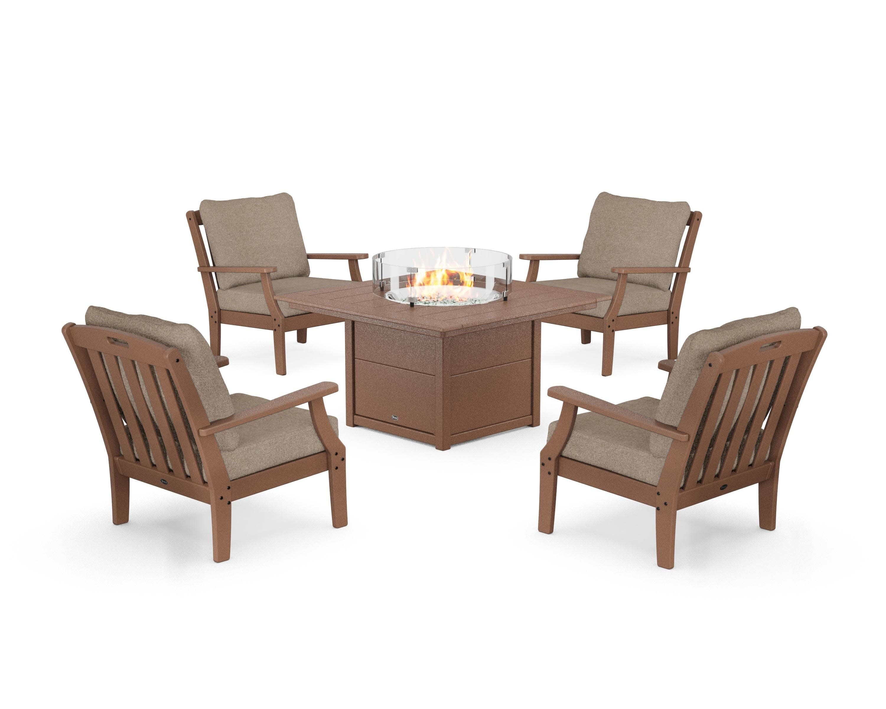 Yacht Club 5-Piece Deep Seating Set with Square Fire Pit Table in Tree House / Spiced Burlap