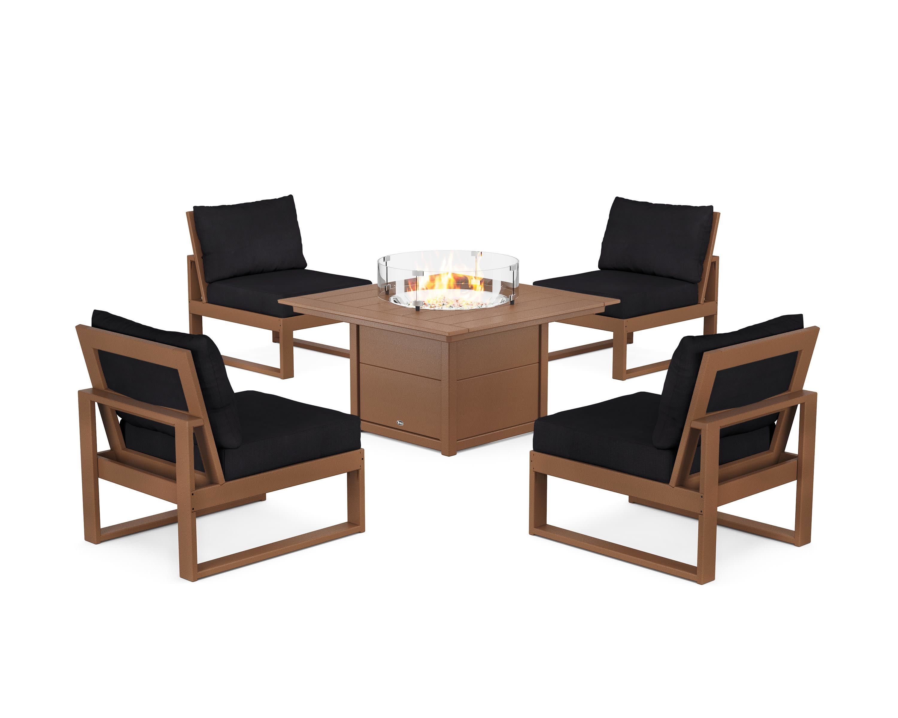 Eastport Modular 5-Piece Deep Seating Set with Square Fire Pit Table in Tree House / Midnight Linen