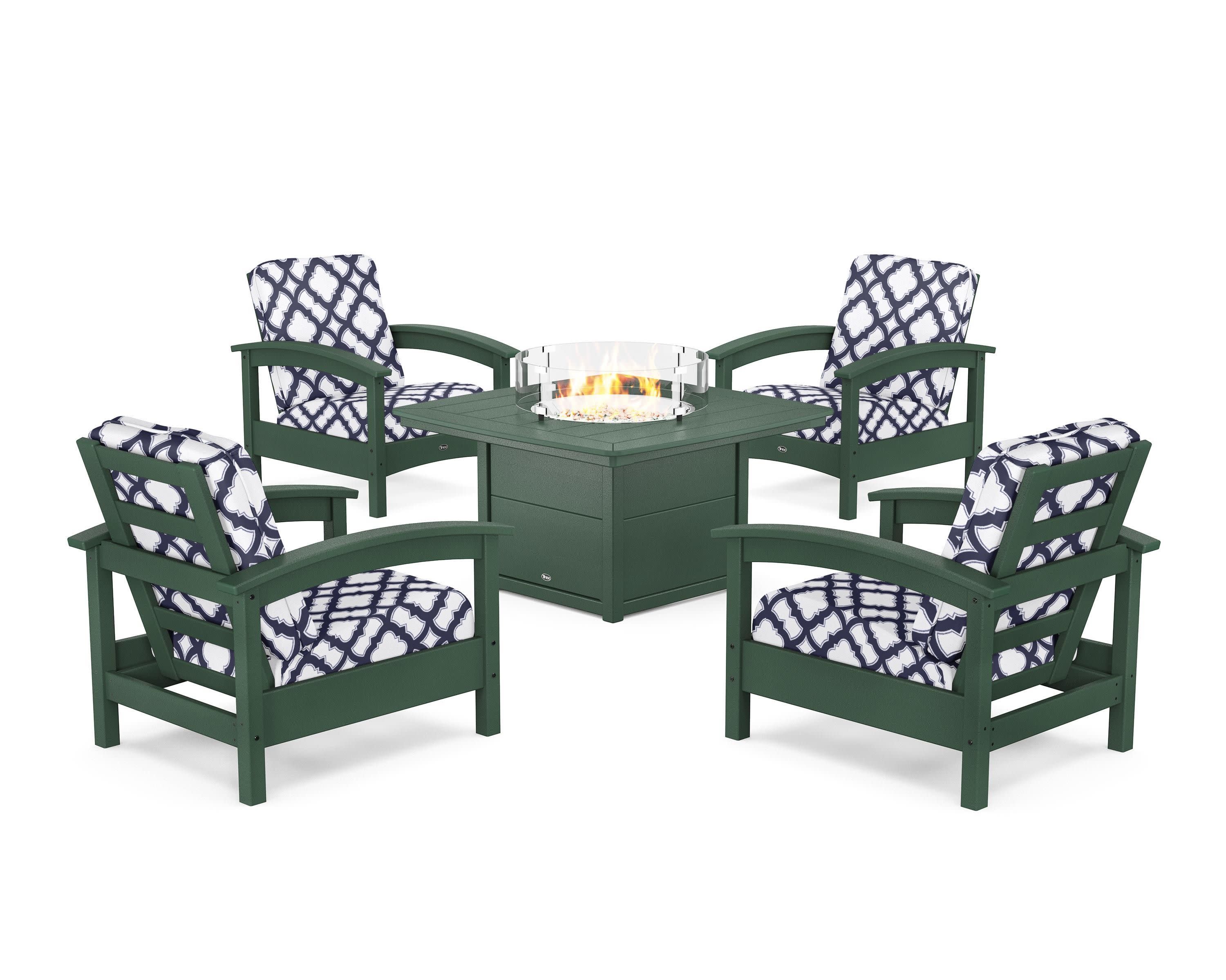Rockport 5-Piece Deep Seating Set with Yacht Club Fire Pit Table in Rainforest Canopy / Trellis Navy