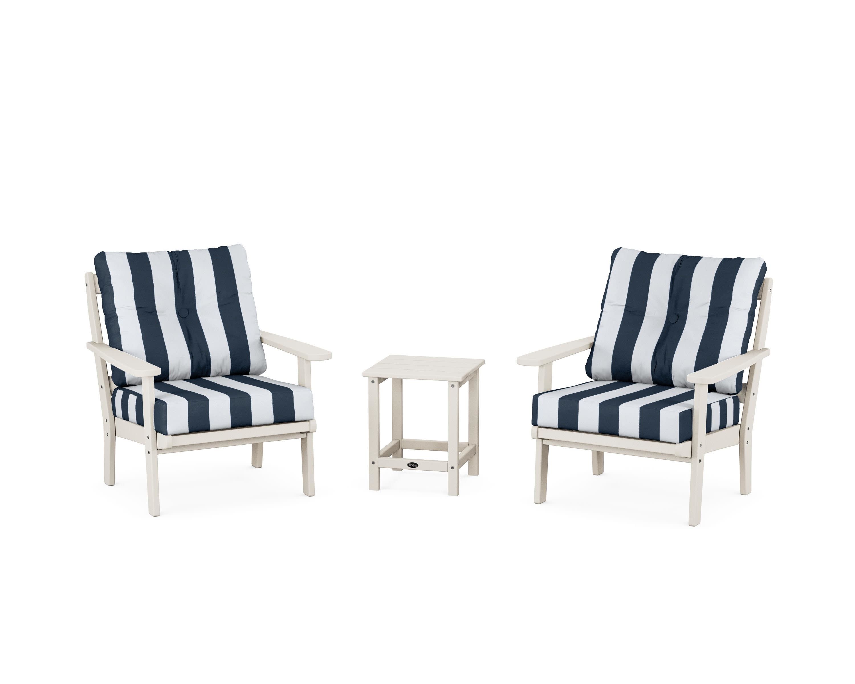Cape Cod 3-Piece Deep Seating Set in Sand Castle / Cabana Stripe Marine Indigo