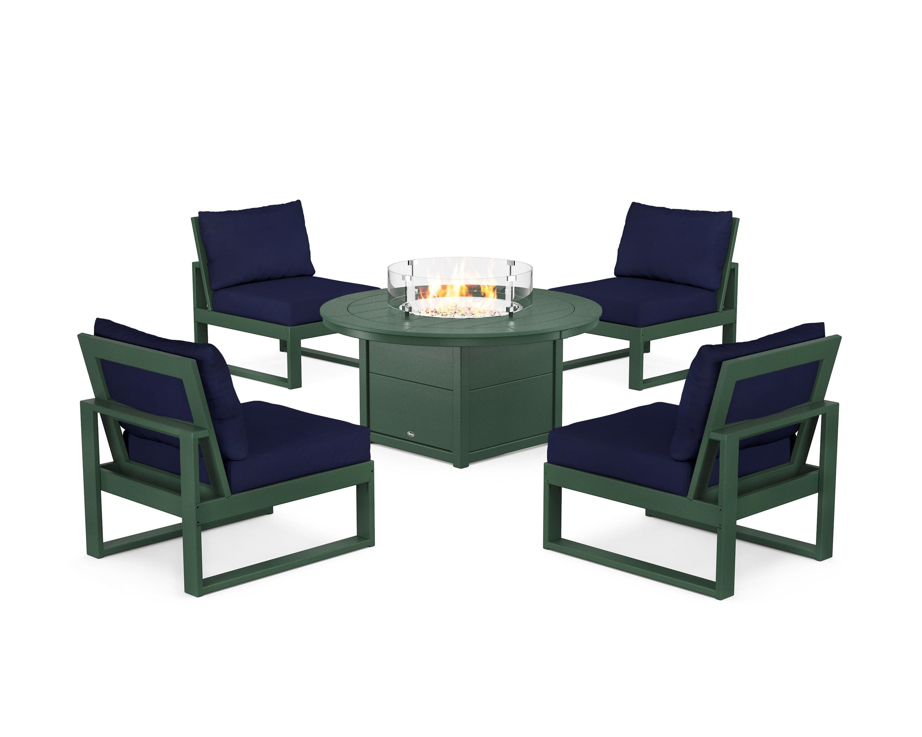 Eastport Modular 5-Piece Deep Seating Set with Round Fire Pit Table in Rainforest Canopy / Navy