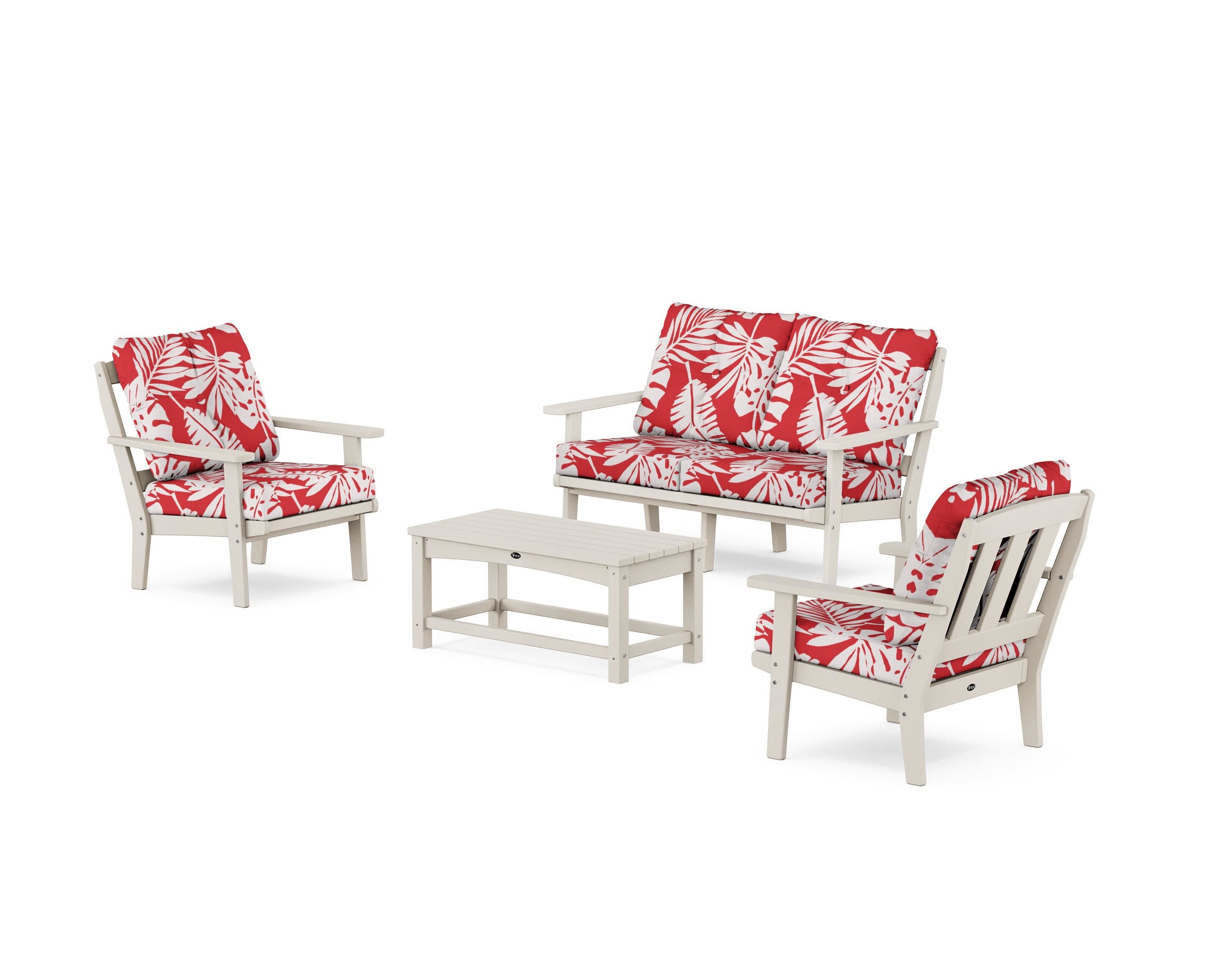 Cape Cod 4-Piece Deep Seating Set with Loveseat in Sand Castle / Leaf Crimson