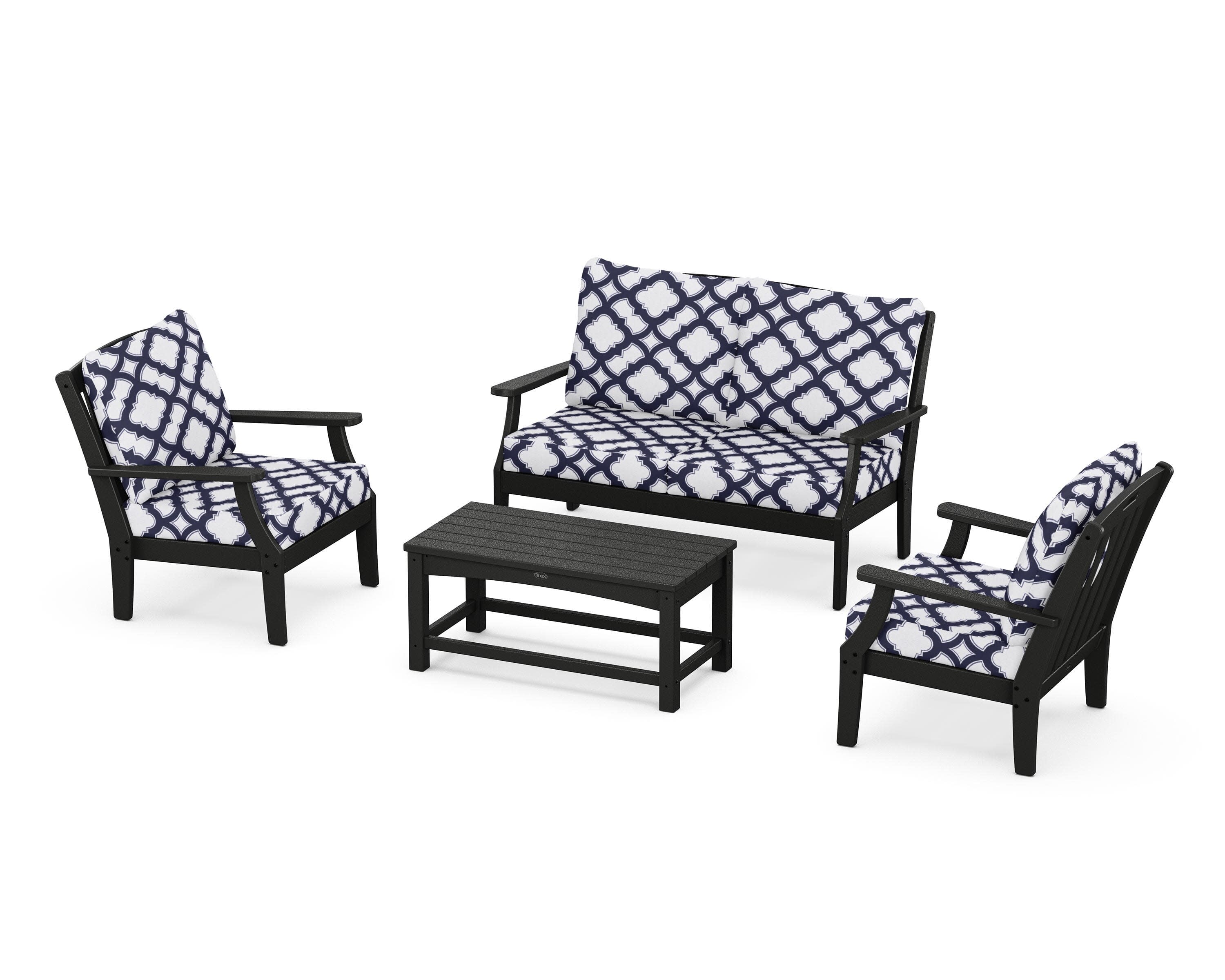 Yacht Club 4-Piece Deep Seating Chair Set in Charcoal Black / Trellis Navy