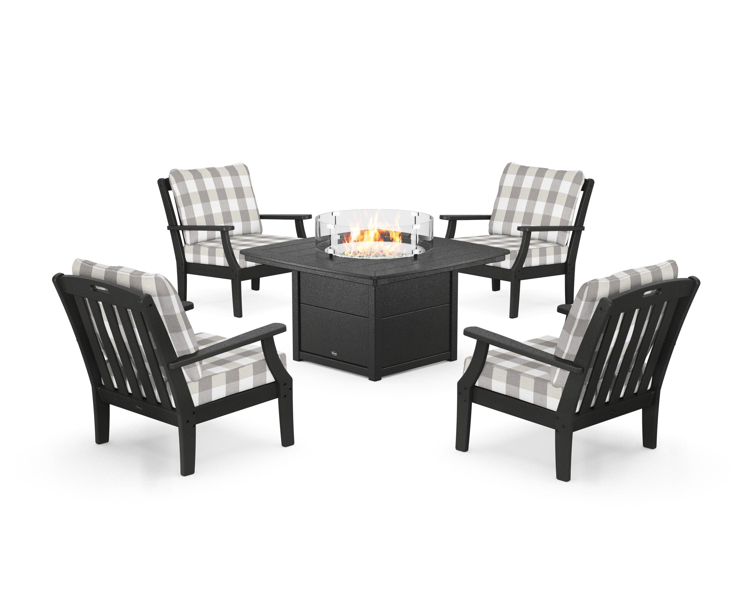 Yacht Club 5-Piece Deep Seating Set with Fire Pit Table in Charcoal Black / Buffalo Plaid Grey Mist