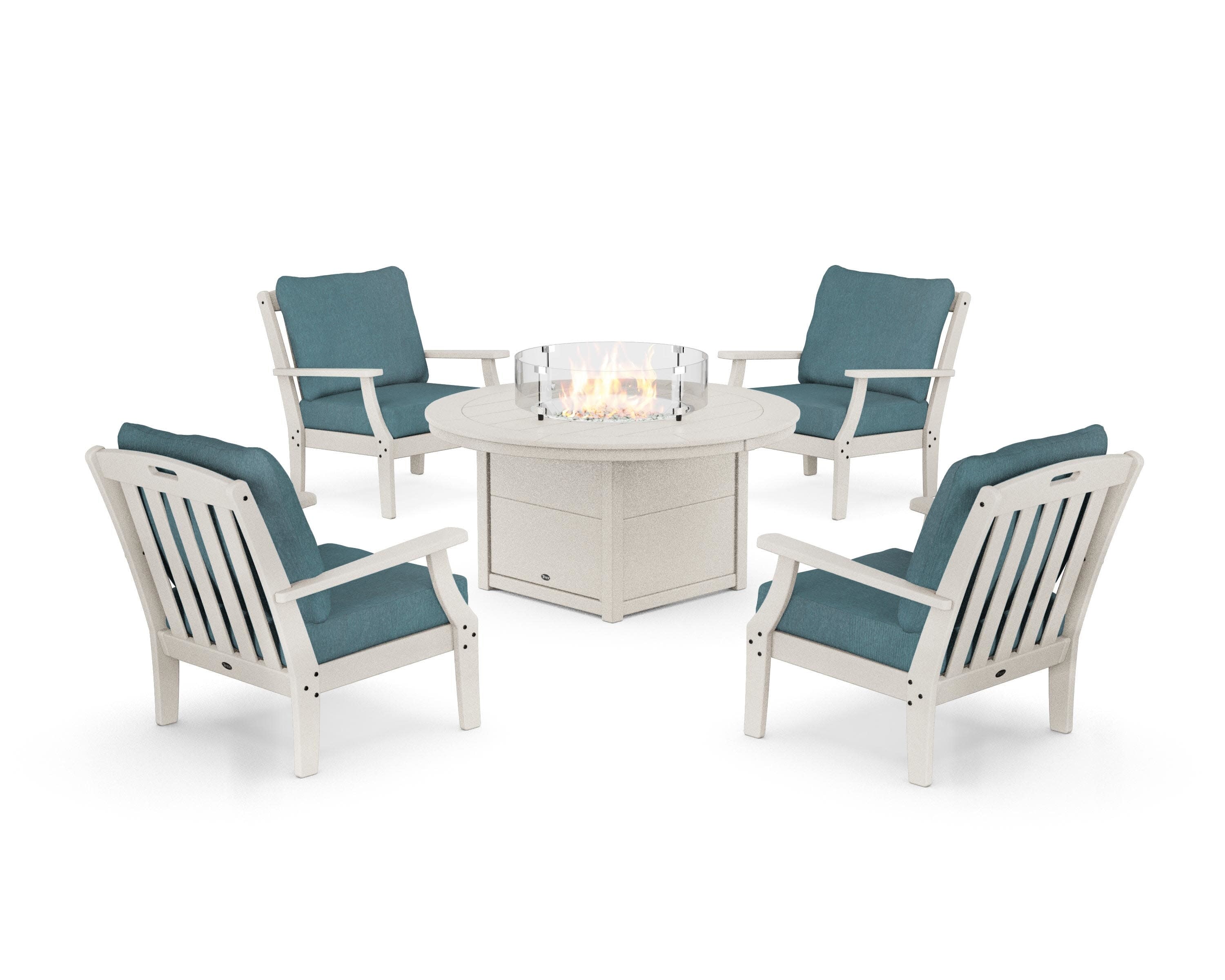 Yacht Club 5-Piece Deep Seating Set with Round Fire Pit Table in Sand Castle / Ocean Teal